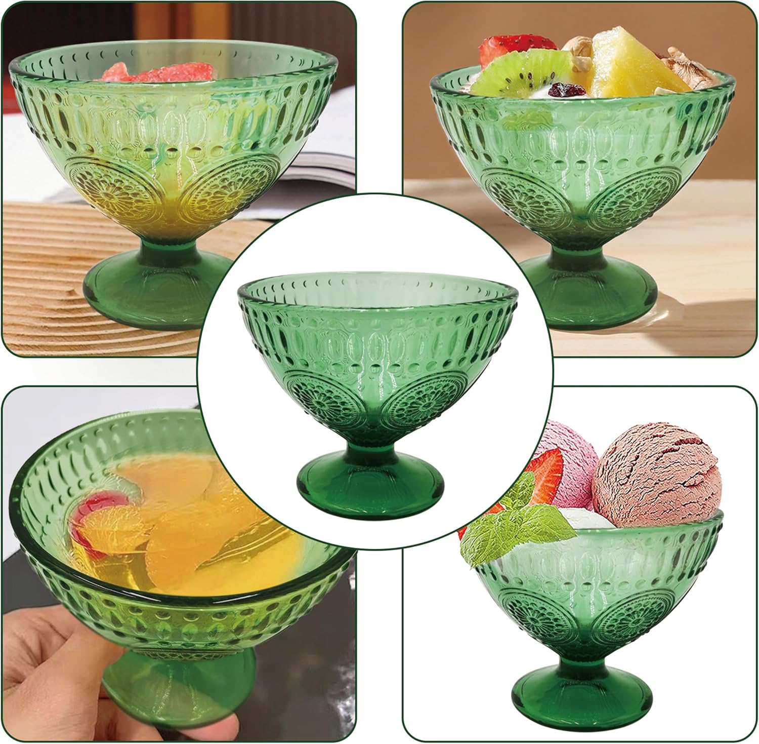 5oz Sundae Glass Dessert Cup Set (6 sets) with Base Tulip Ice Cream Cup, Comes with 6 Special Spoons, Suitalnt Fes and Festivals, Preserving Fruits, Pudding, Cake, Chocolate (Green)