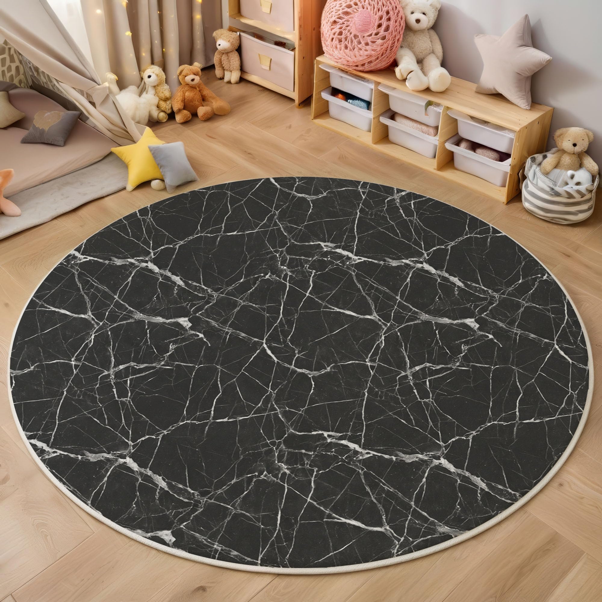 Tapis rond fissures blanches 120cm noir et blanc lavable en machine