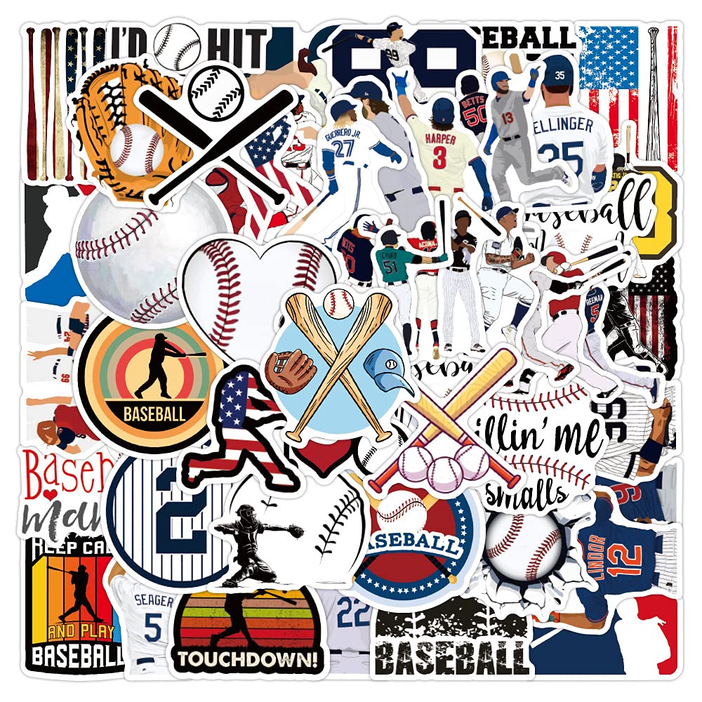 Baseball Stickers 50 Pcs Baseball Waterproof Vinyl Stickers for Helmet Snowboard Water Bottles Bicycle Laptop Refrigerator Luggage Computer Mobile Phone Bike Decals