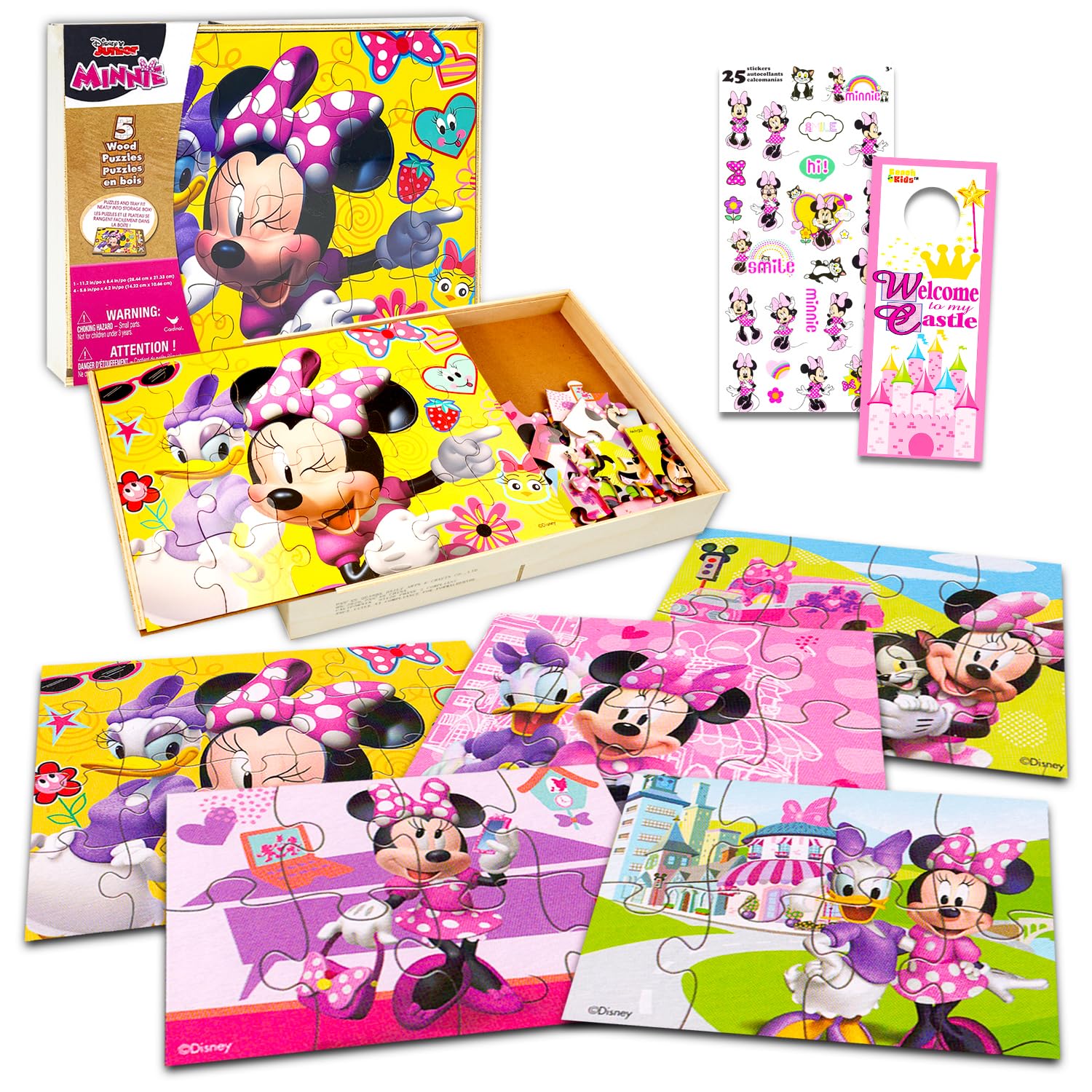 Minnie Mouse Holzpuzzle 5er Pack - Minnie Mouse Holzpuzzles Bundle mit Halteschale plus Minnie Aufkleber und mehr | Minnie Mouse Puzzles für Kinder, Mädchen