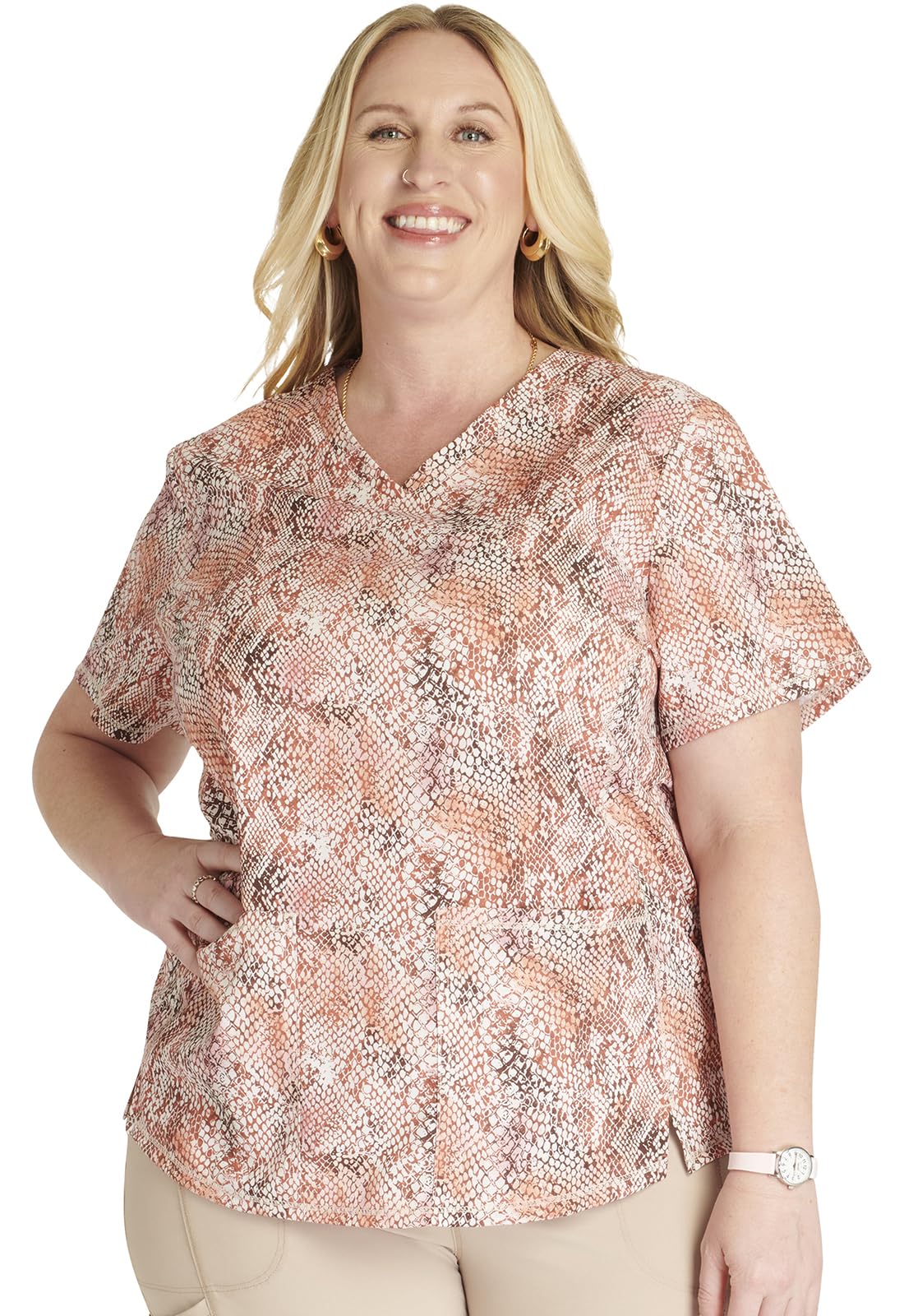 Cherokee Prints Women Scrubs Top V-Neck Print Plus Size CK703, 2XL, Python Perfection