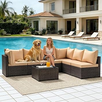 7 Piece Patio Furniture Set, Outdoor Rattan Modular Furniture Sofa with Anti-Slip Washable Cushion & Coffee Table All Weather Parlor Beige