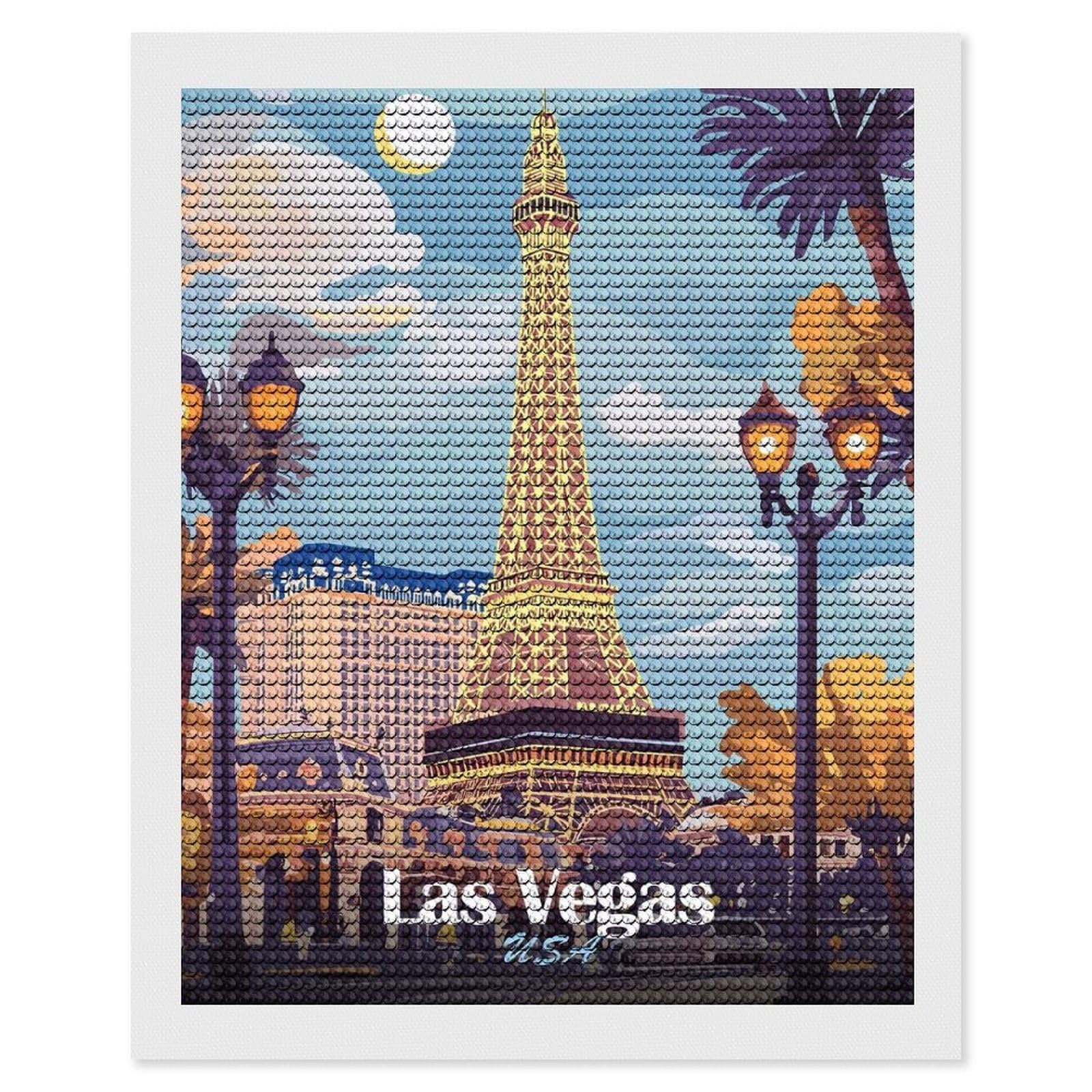 Junmoney Las Vegas Eiffel Tower Illustration Diamond Painting Kit 16"x20", Festive Craft Gift, Bedroom Decor, Full Kit Included, Creative Gift Idea