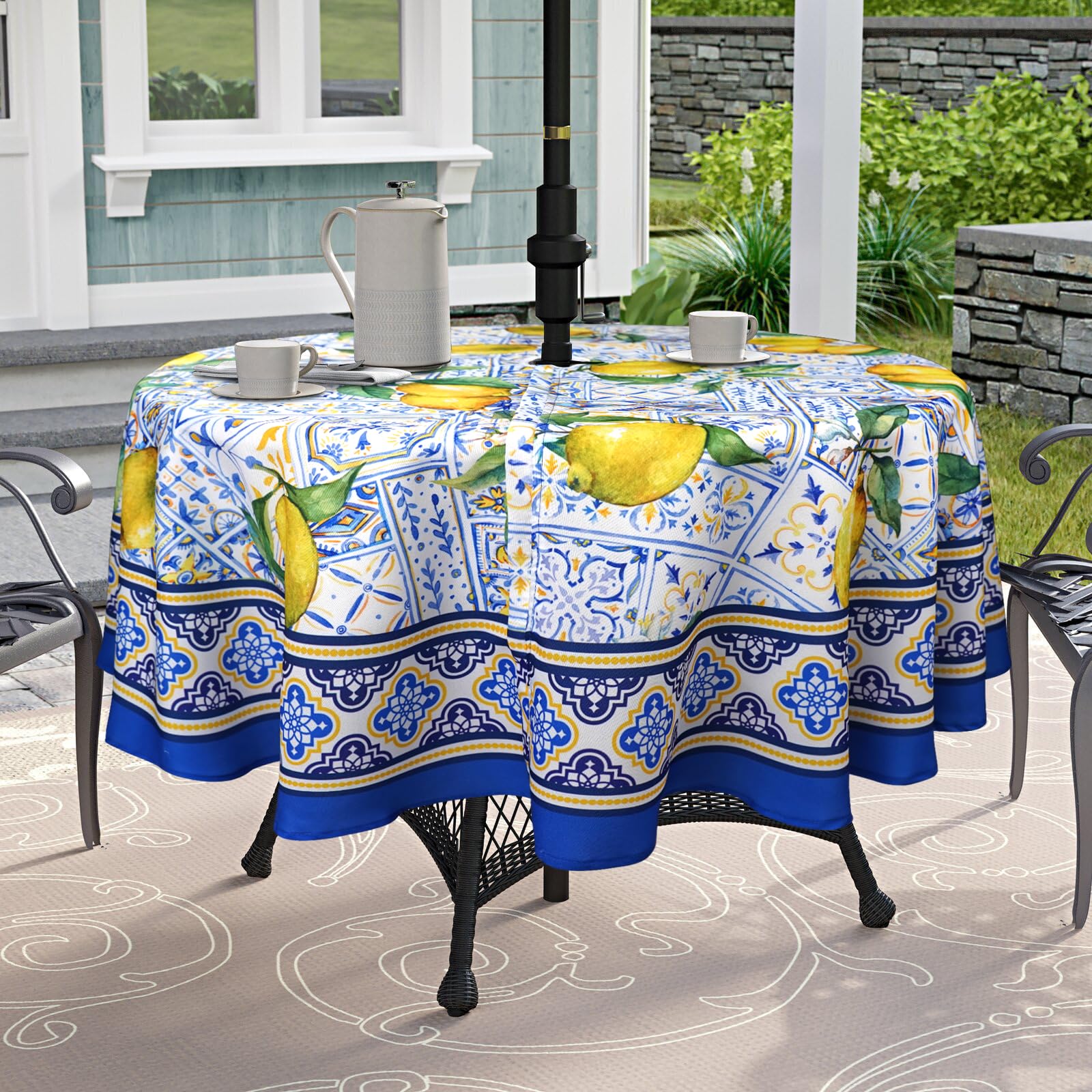 bnhjsdw Blue Outdoor Tablecloth with Umbrella Hole for Round Table, Waterproof Lemon Patio Table Cloth with Zipper