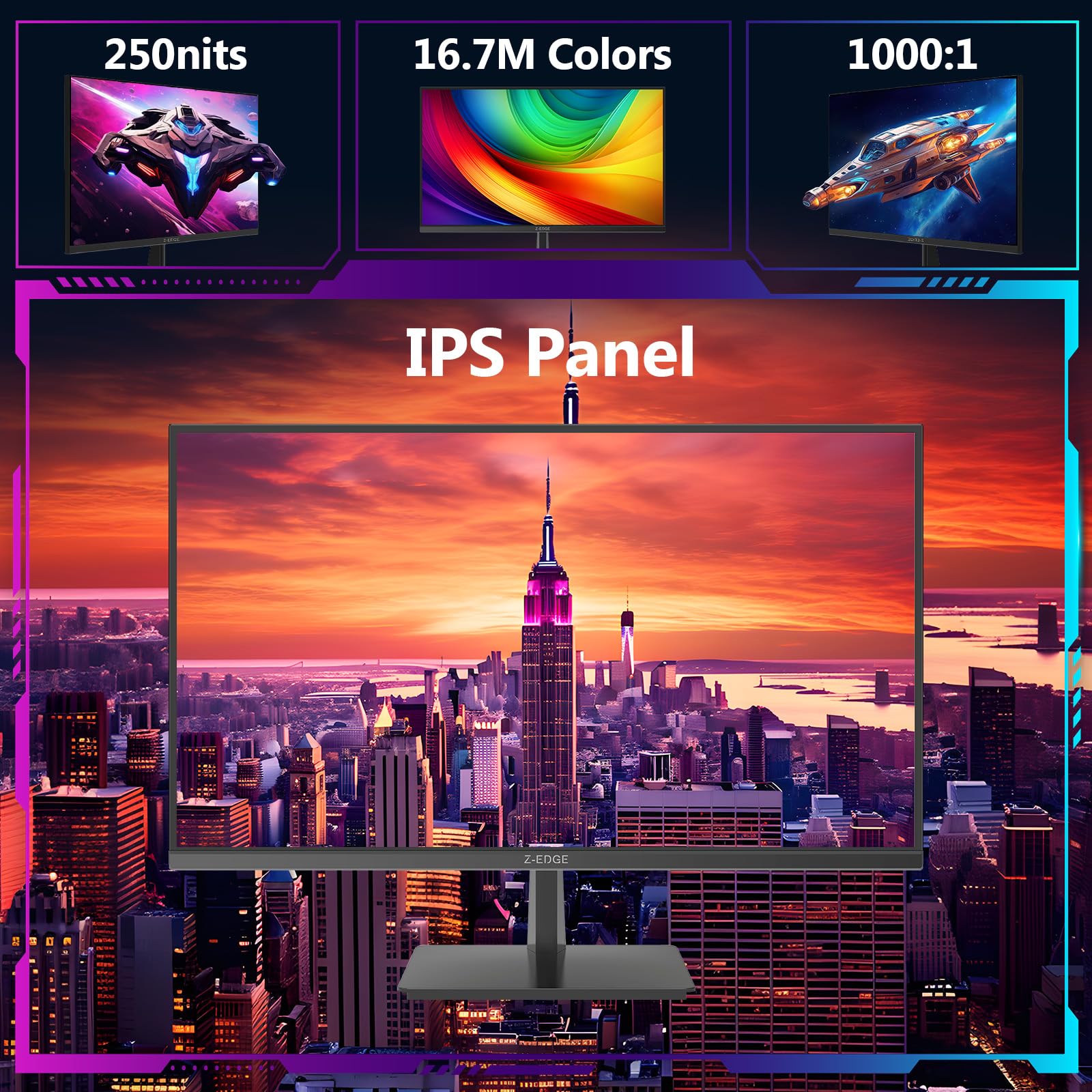 Z-Edge 27 Zoll 4K Monitor 120Hz UHD Gaming Monitor 3840x2160 IPS HDMI 2.1 | PC Bildschirm 16:9, 1ms MPRT, 250cd/m², FreeSync, HDR10, DP 1.4, HDMI 2.1, VESA Kompatibel, Schwarz