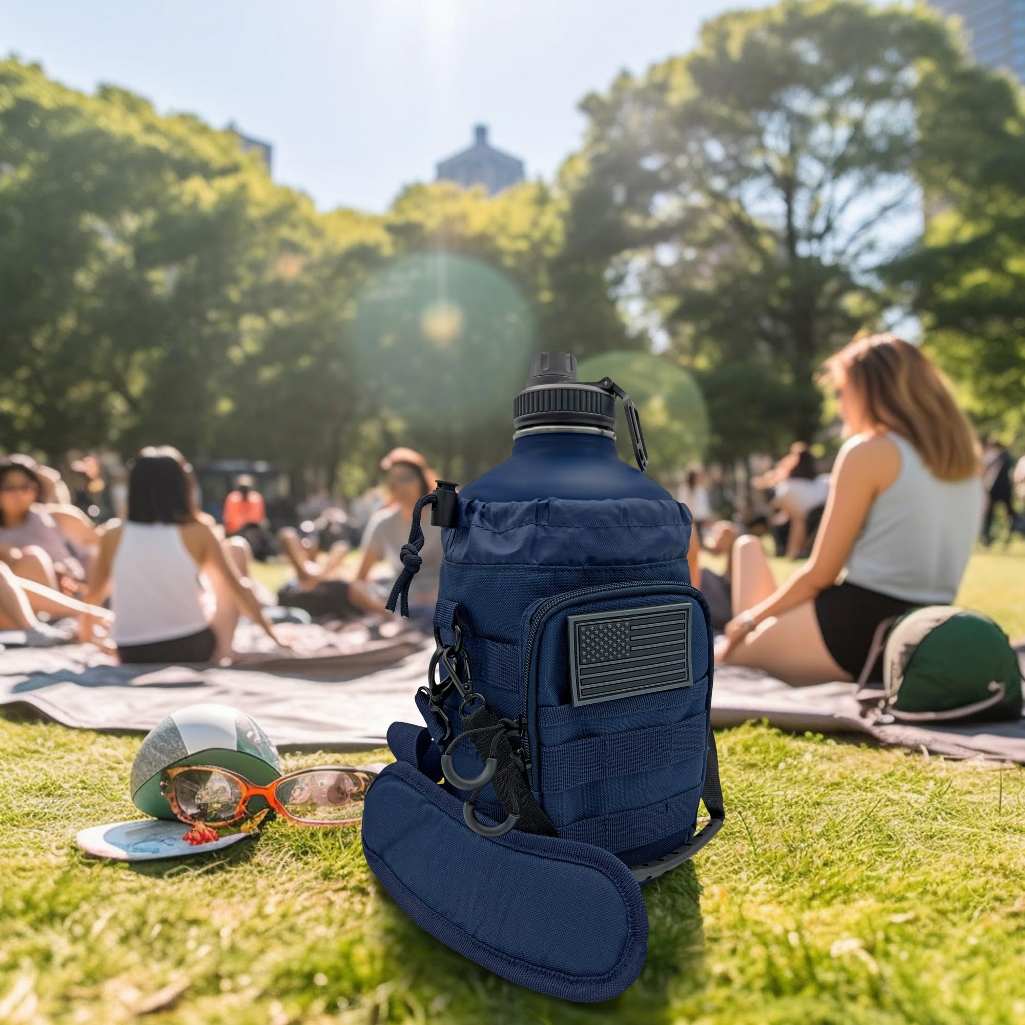 Botella de agua de 1 galón – Botella de agua aislada de acero inoxidable de 128 onzas con soporte, bolsa de transporte, asa de boquilla, tapas de pajilla, mantiene frío y caliente, termo