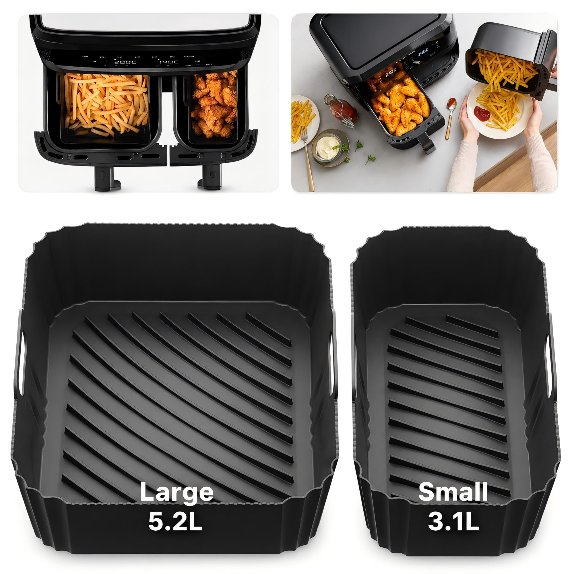 Szyeequoo Silicone Air Fryer Liners for Tefal 8.3L, 5.2L + 3.1L Split-Sized Pair, 1 Large + 1 Small Reusable Air Fryer Liners for Lakeland 8L, Tower T17099 and Salter EK5729