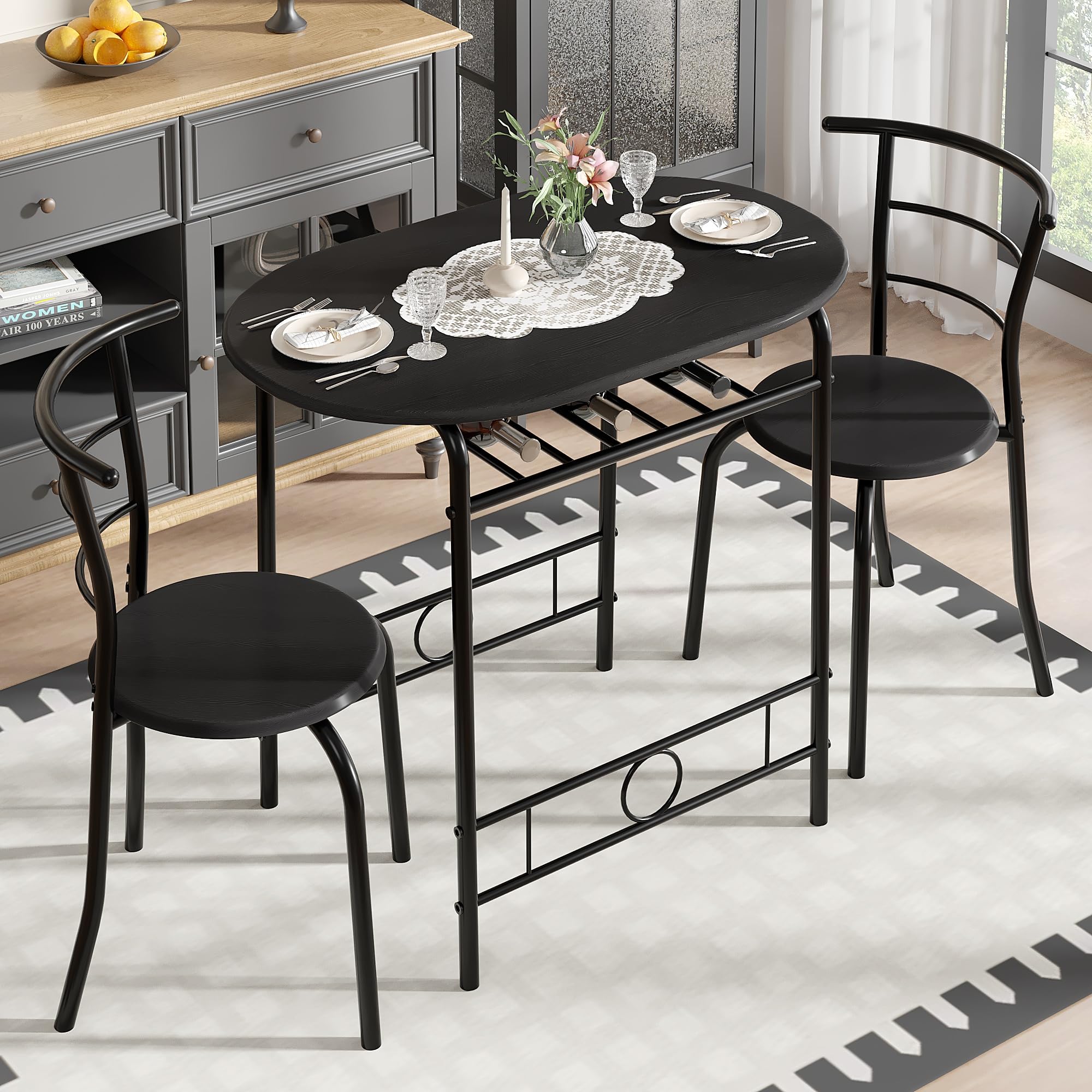 3-Piece Dining Table Set for Kitchen Breakfast Nook, Wood Grain Oval Tabletop and Metal Frame with Built-in Wine Rack, for Small Spaces, Black