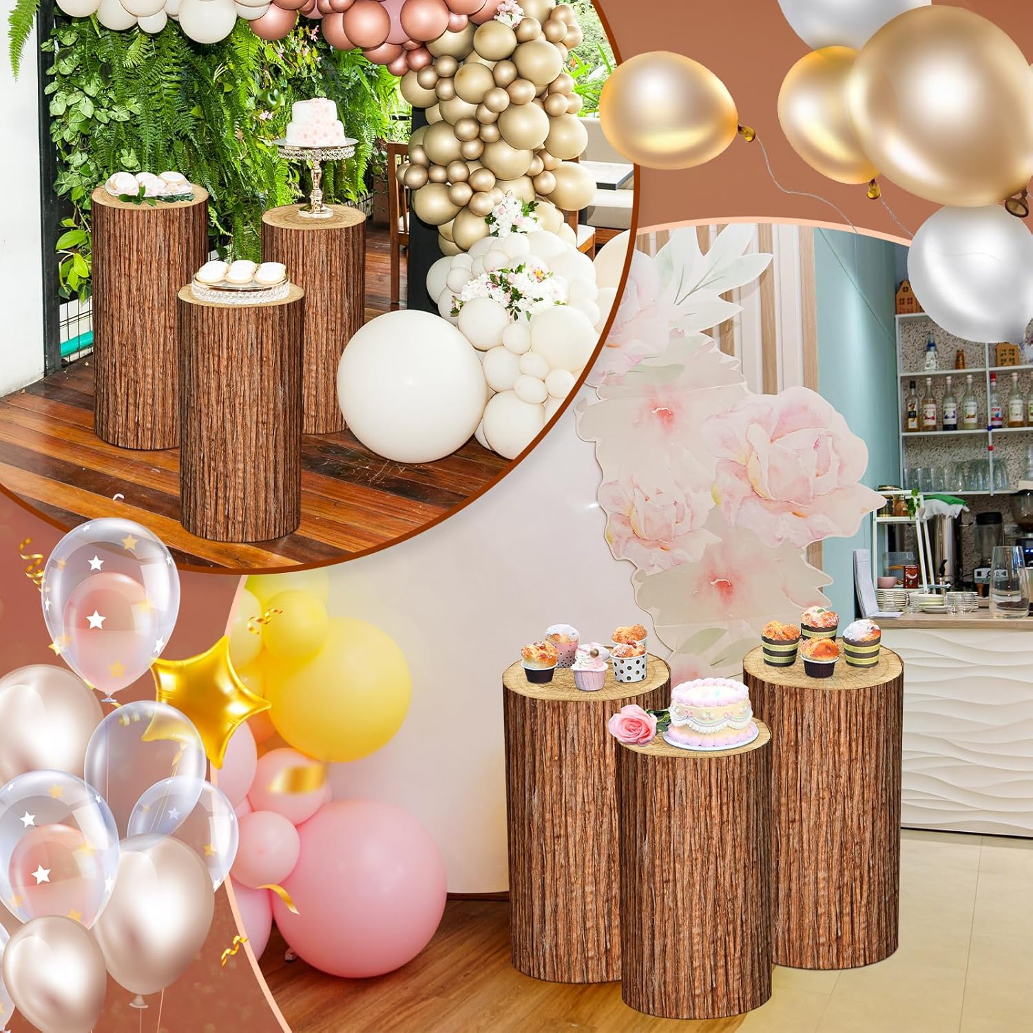 5 Pcs Party Cylinder Stand Covers Spandex Pedestal Cover Assorted Size Elastic Cylinder Covers for Metal Wedding, Pedestal Stand Not Included (Wood Color)