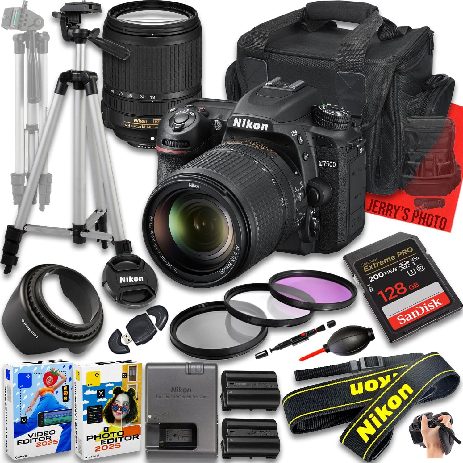 Nikon D7500 DSLR Camera with AF-S DX NIKKOR 18-140mm f/3.5-5.6G ED VR Lens + 128 GB Memory + Extra Battery + Camera Case + Tripod + More (22pc Bundle)