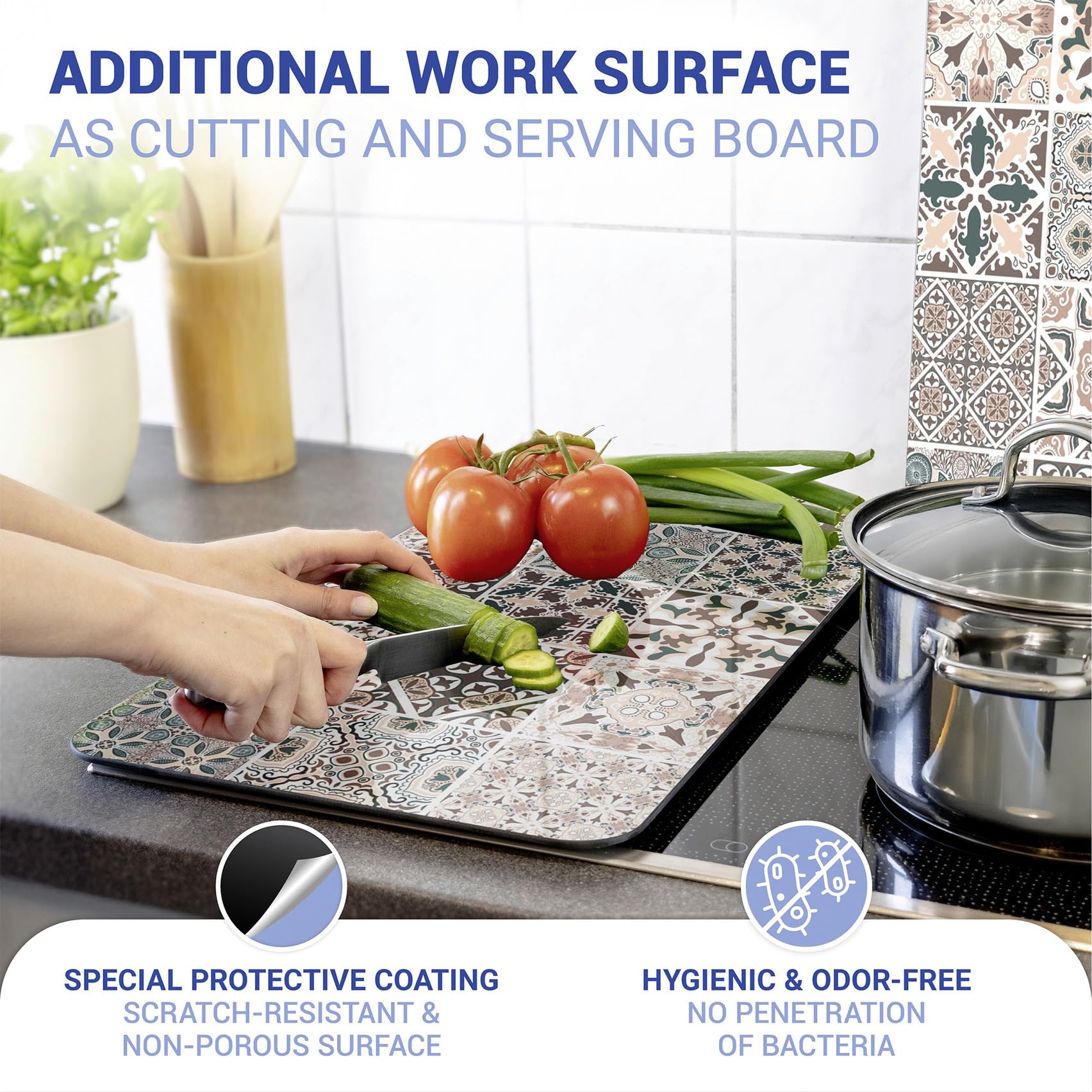 WENKO Placas protectoras para cocina Mod Azulejo, ajustable en altura para todo tipo de cocinas, tabla de cortar y protector contra salpicaduras, vidrio, 30 x 52 cm, juego de 2 — view 4