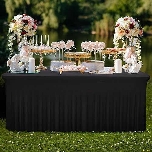 Miniatura 6 de Babenest Paquete de 1 falda de mesa de elastano negro de 6 pies para mesas rectangulares, resistentes a las arrugas, con volantes, para ferias,