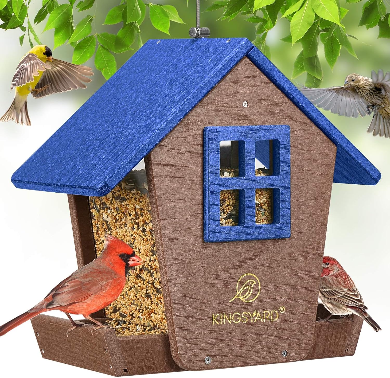 Kingsyard 4 lbs Large Bird Feeder House for Outdoors Hanging, WPC Composite Bird Feeder Hopper with Weatherproof Roof & Capacity Tray for Cardinal Bluebird, Garden Yard Outside Decor, Blue