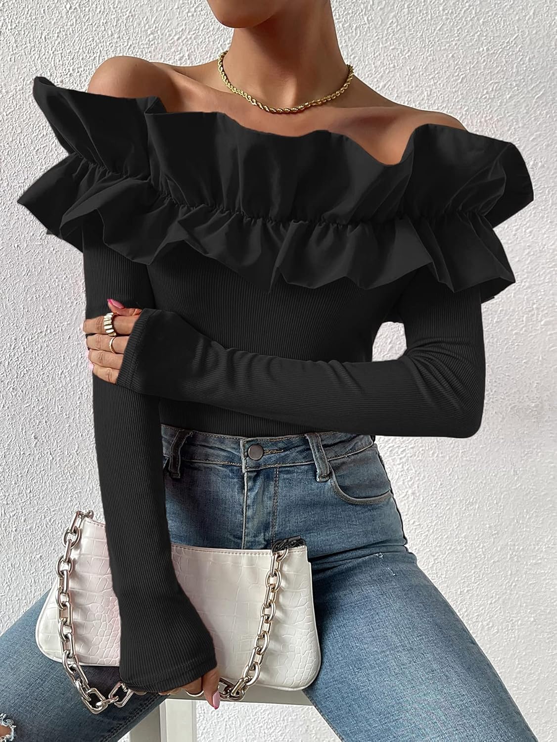 OYOANGLE Women's Long Sleeve Rib Knit Ruffle Off Shoulder Blouse Party Tops Shirt - Image 6