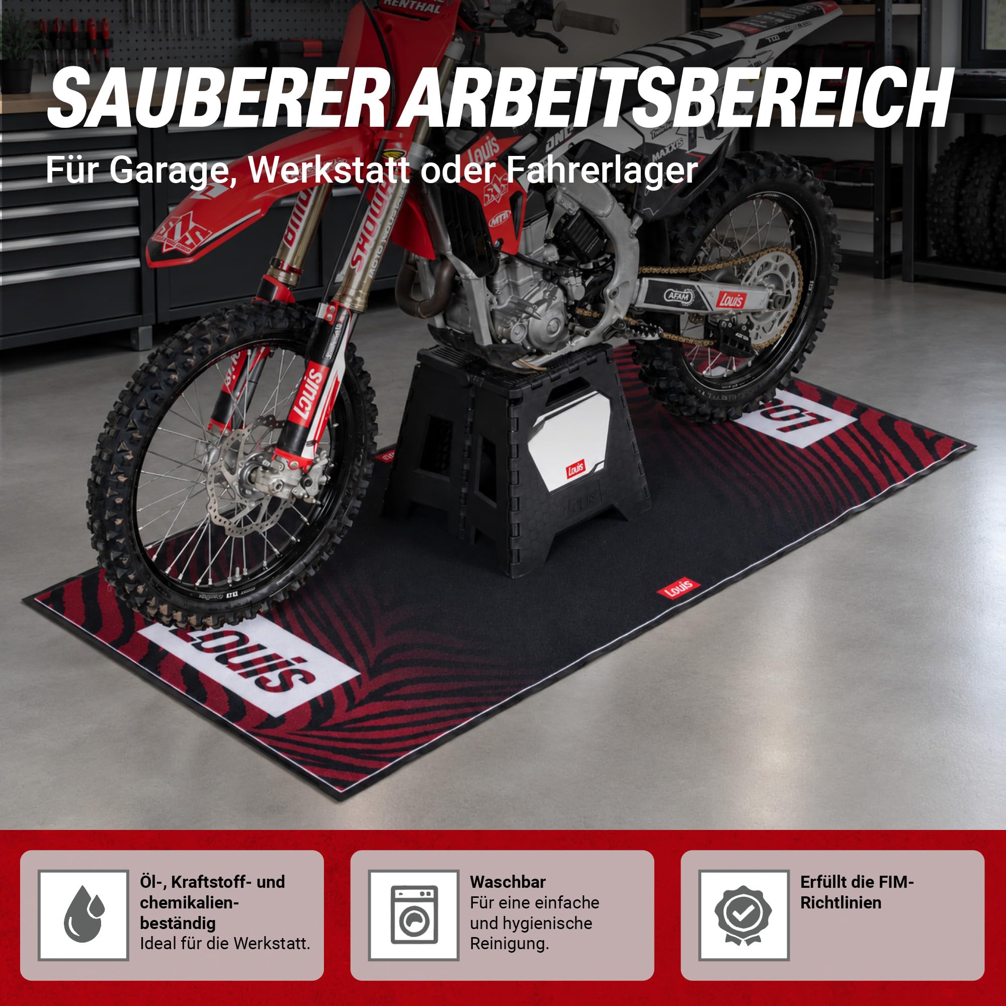 Louis Motorradmatte 100 x 200 cm mit Tasche, Umweltmatte für Motorräder, Garagenmatte für Werkstatt und Fahrerlager, Motorradteppich, Öl- und kraftstoffbeständig, FIM-konform