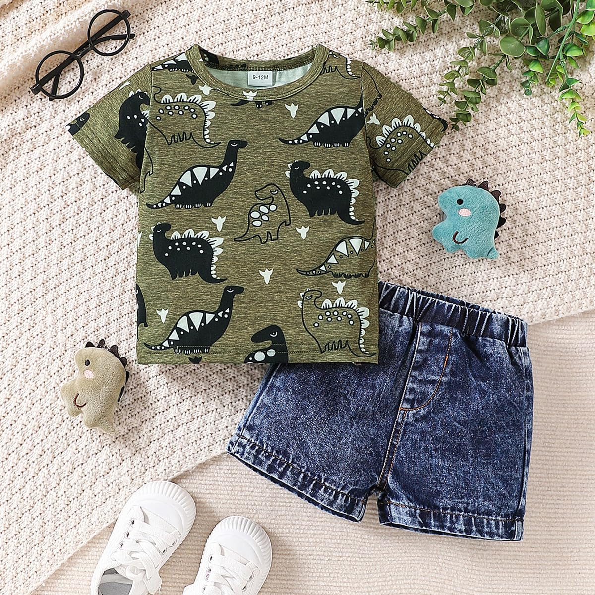 JENJON Ropa de Pequeños Bebé Niño Manga Corta Estampado Bonito Top+ Pantalones Cortos Vaqueros Rotos 2Pcs Conjunto Informal de Primavera y Verano - 3