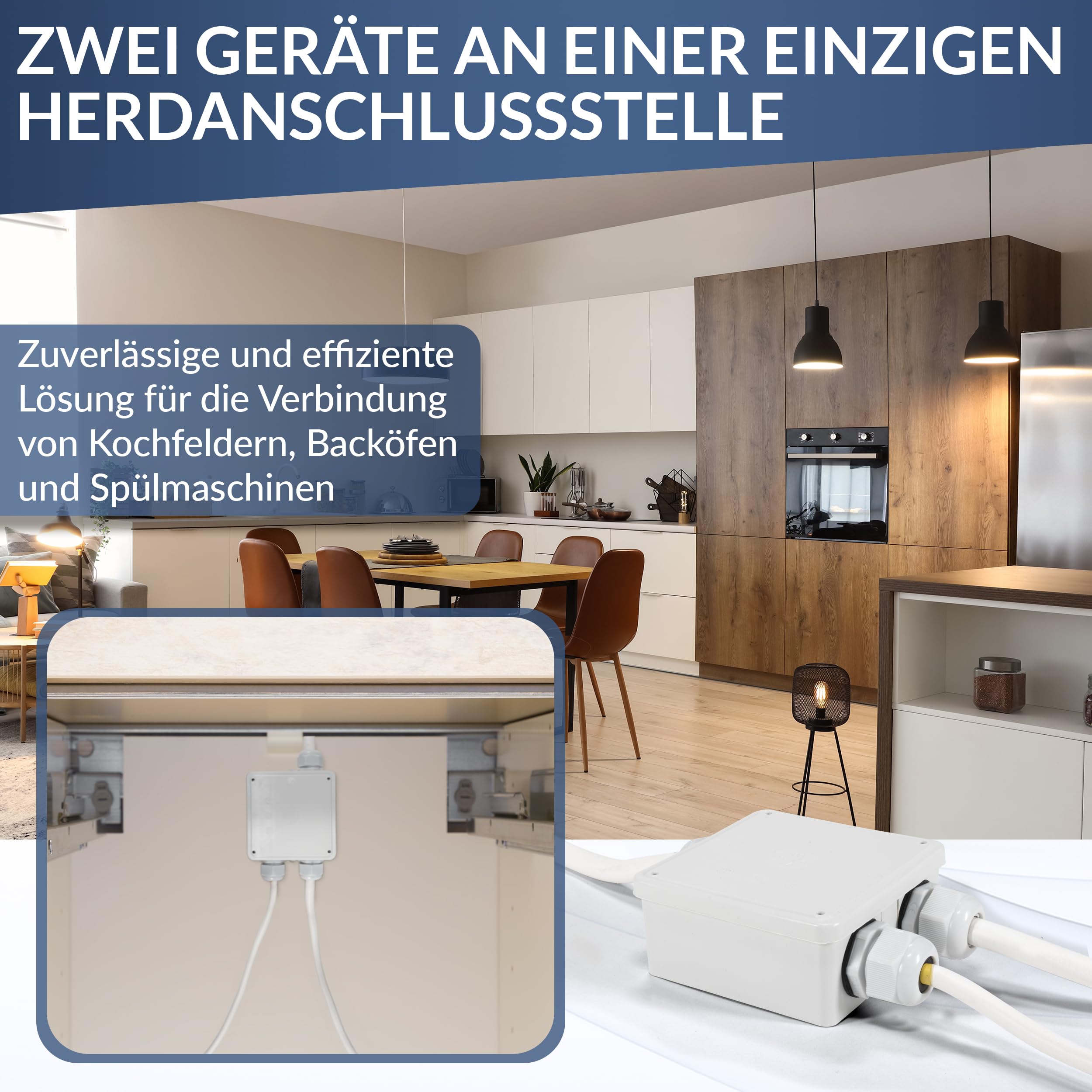 Hochwertige [Küchenanschlussbox, Splitter-Box] mit 2m Kabel Küchenanschlussverteiler [2-fach für Kochfeld & Backofen] an Herdanschlussdose IP40 hergestellt in Germany
