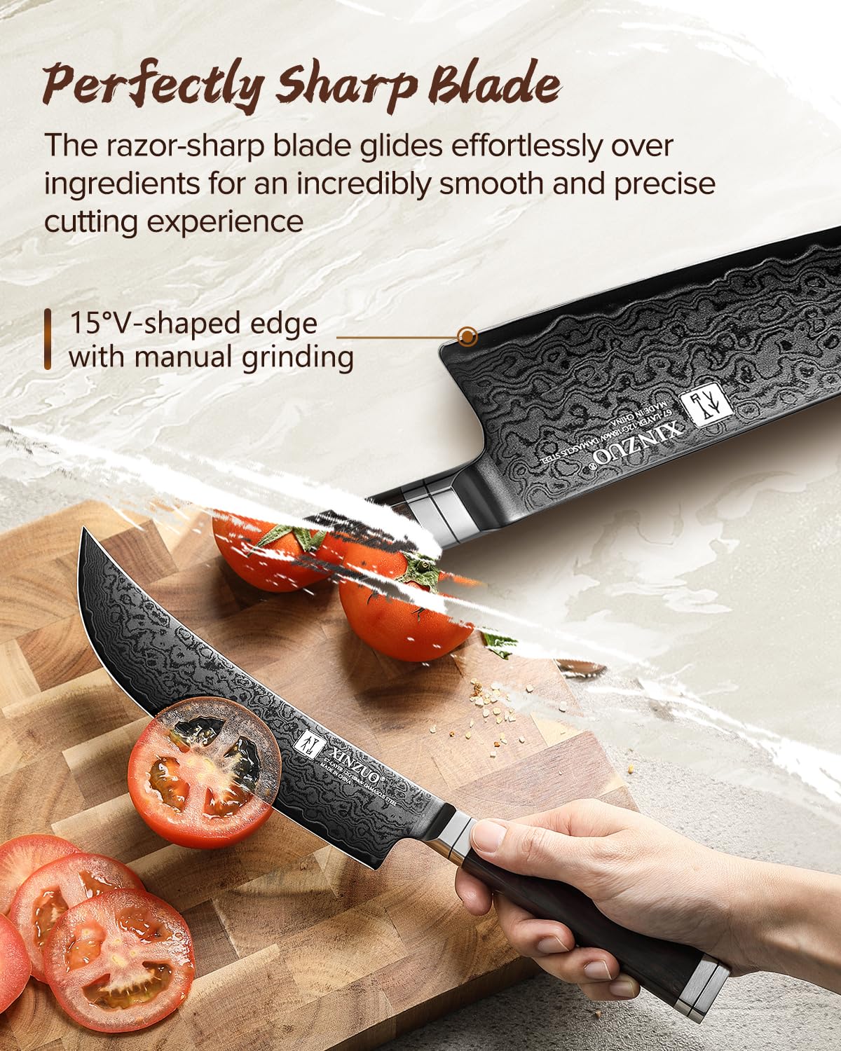 XINZUO Acero de Damasco 19cm Cuchillo de Trinchar de Cocina -Recubrimiento de Titanio Negro -Afilado Forjado Cuchillo Fileteador de Cocinero Profesional -Mango de Madera de Ébano -con Caja de Regalo