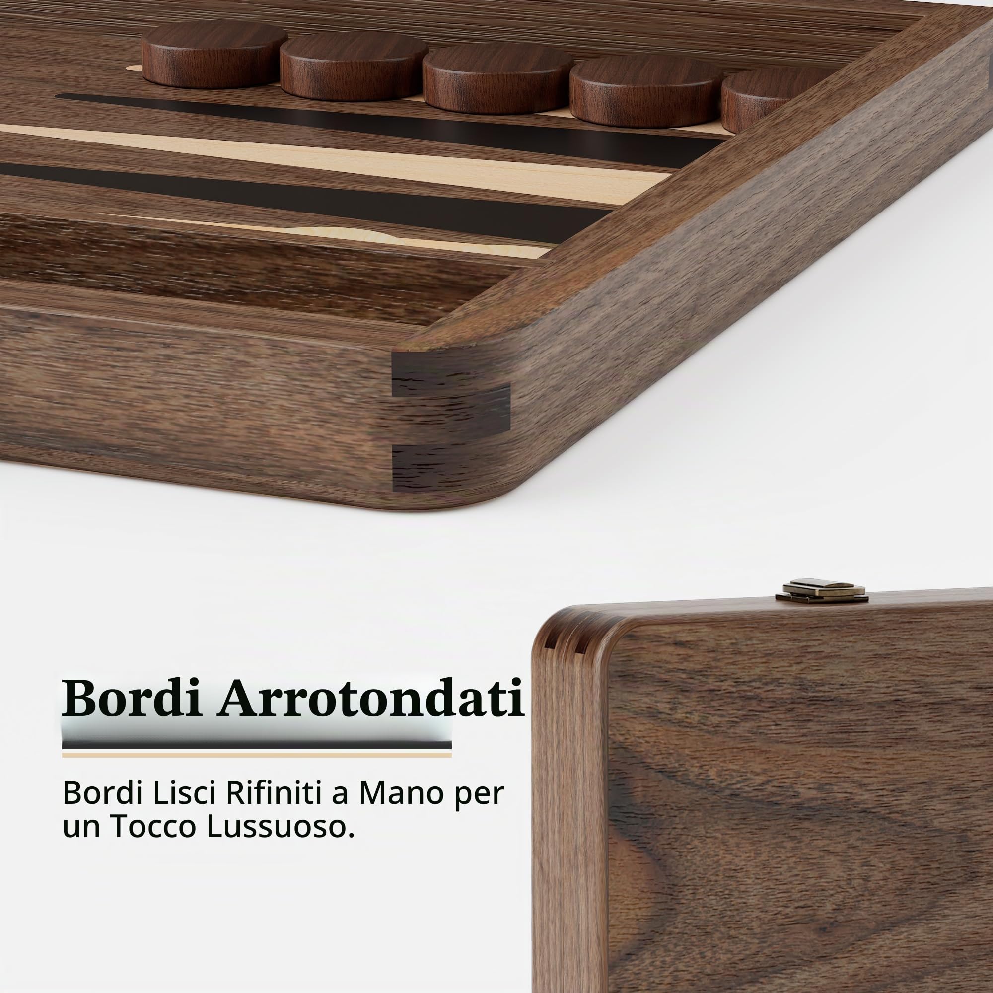 Gioco di backgammon di alta qualità in legno di noce nero - Gioco da viaggio di lusso (con dadi e raddoppio)
