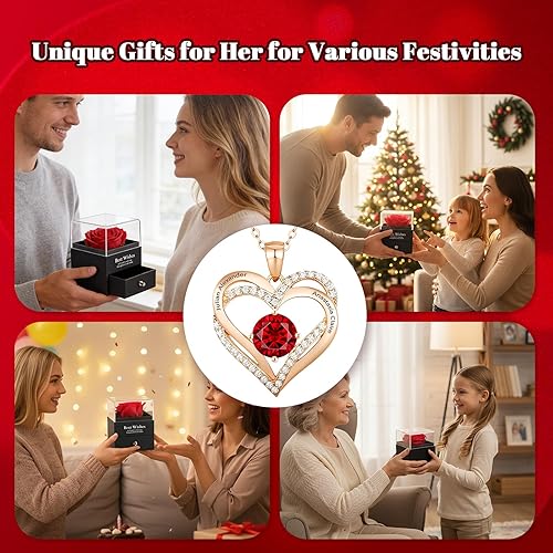 Miniatura 6 de Rosa preservada con collar de piedra natal  Collares personalizados para mujeres, regalos del día de San Valentín para su esposa, novia, aniversario
