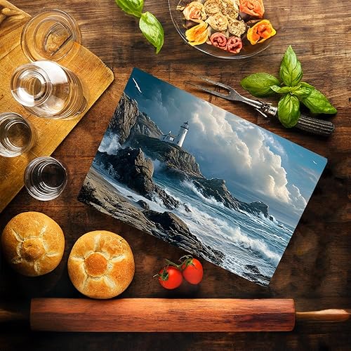 Miniatura 2 de Lighthouse Coastal Shoreline Waves Sandy Beach Tabla de cortar de vidrio para cocina, regalo decorativo para el océano, olas del faro