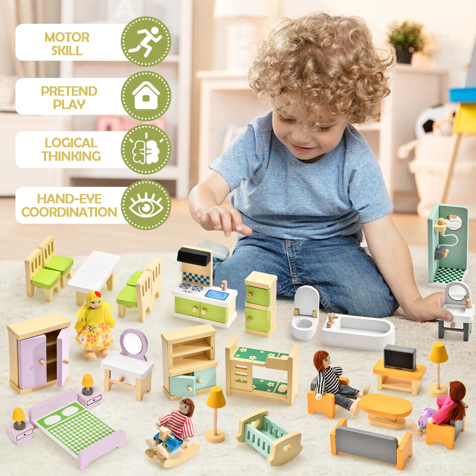Atoylink Muebles Casa de Muñecas de Madera con Accesorios Coloridos y 4 Muñecas Familiares, Juguetes Educativos y Juego de Simulación para Niños Niñas Partir 3 Años +