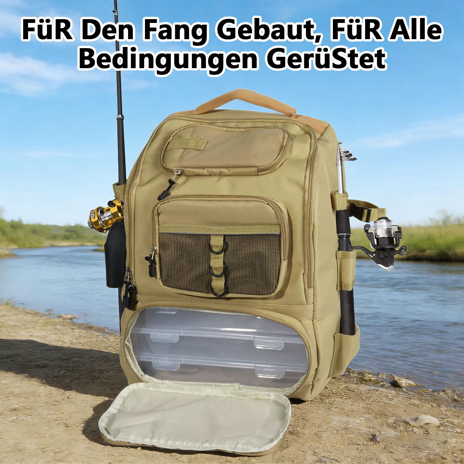 40L Angelrucksack Mit Angelrutenhalter, Wasserdichtes Oxford-Gewebe Angeltasche, Multifunktional Angel Rucksack für Angeln, Jagen und Wandern Verwendet.