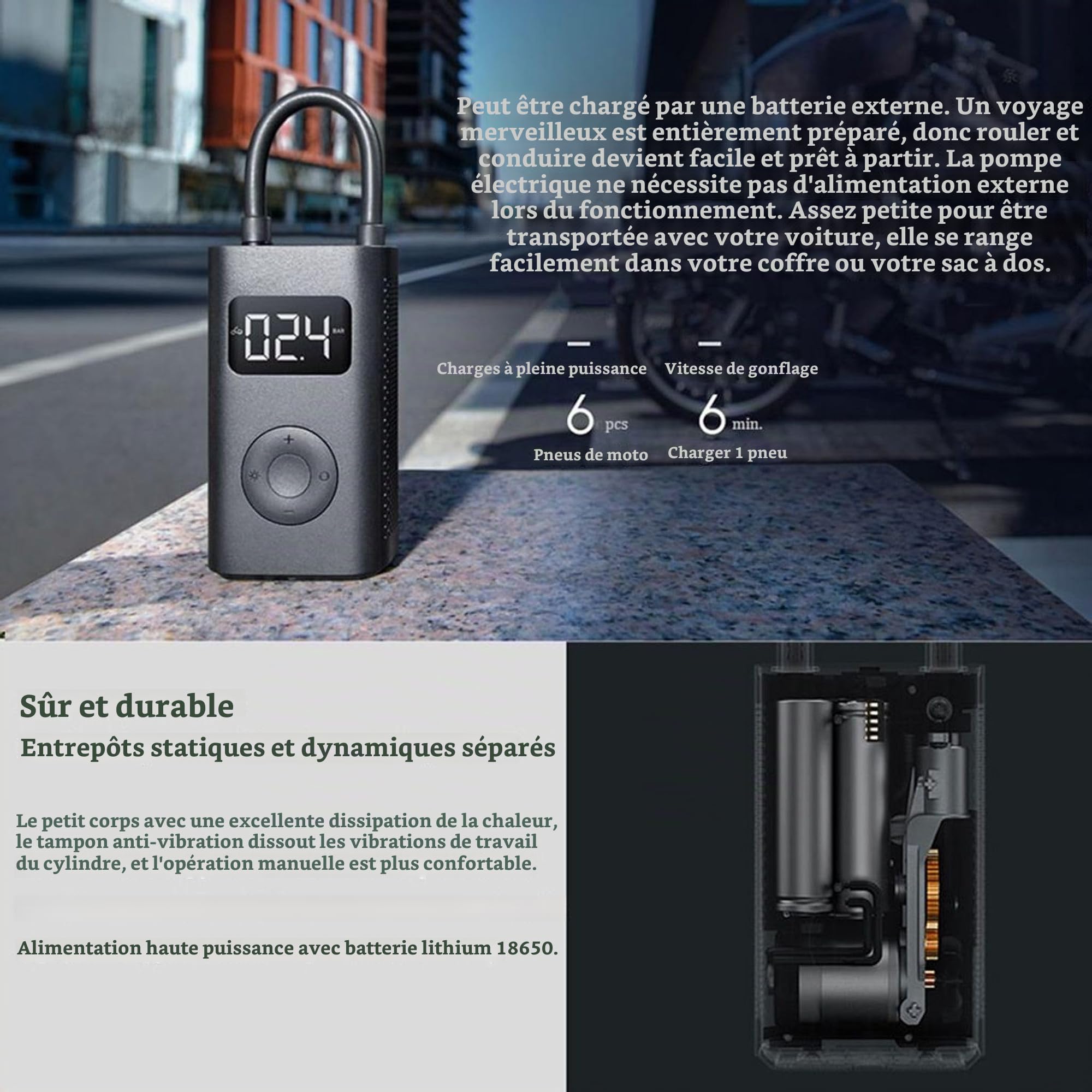 Mijia Compresseur à Air Portatif 2, 0.2-10.3 bar 3-150 psi, Pompe à Air Electrique Portable avec Batterie 2000 mAh, Chargement USB-C, Noir