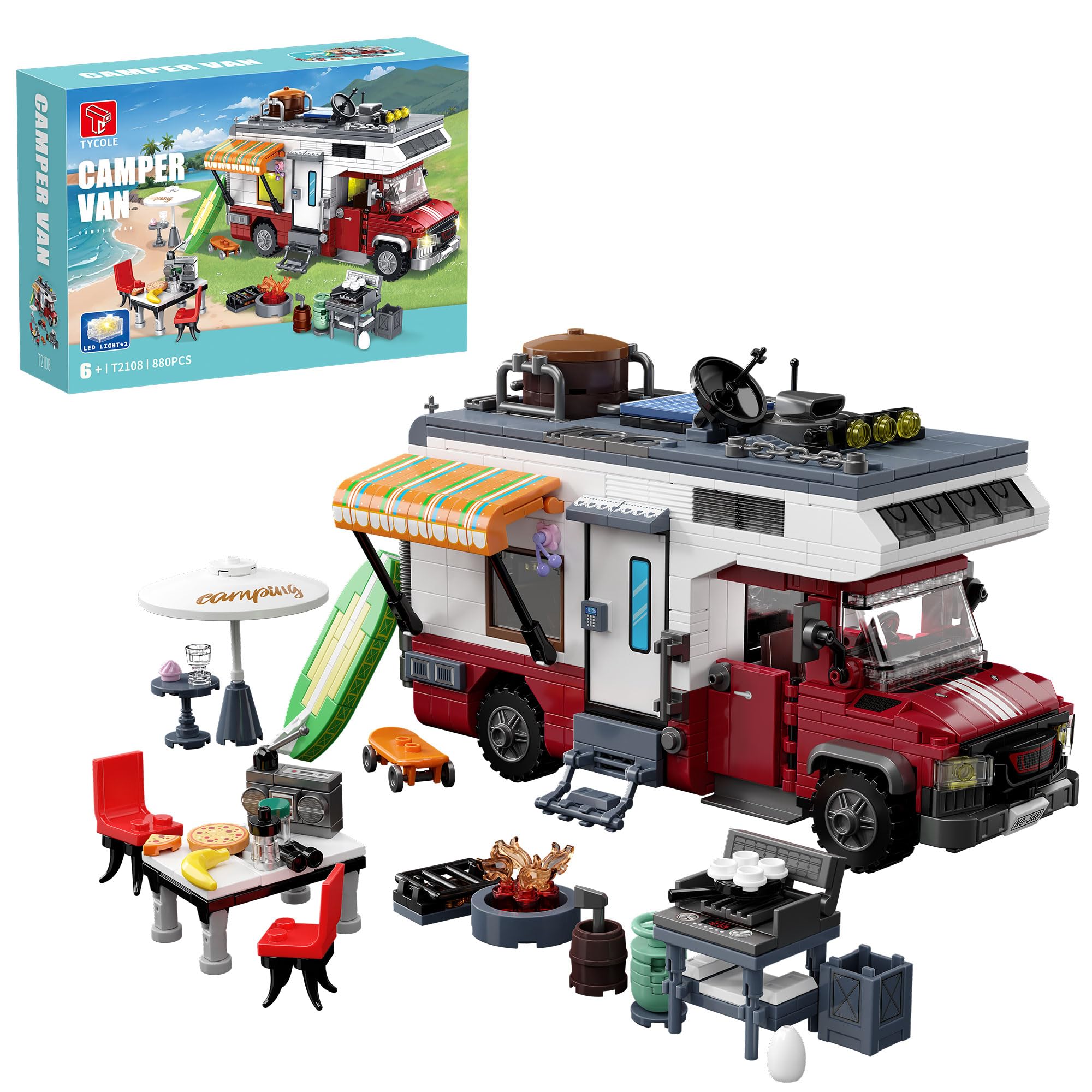 TYCOLE Jeu de Construction Véhicule de Camping Car 880 Pièces | Maquette Voiture d'Aventures City avec Lumières et Accessoires Créative Cadeau Jouet pour Enfants Garçons Filles Dès 6 Ans