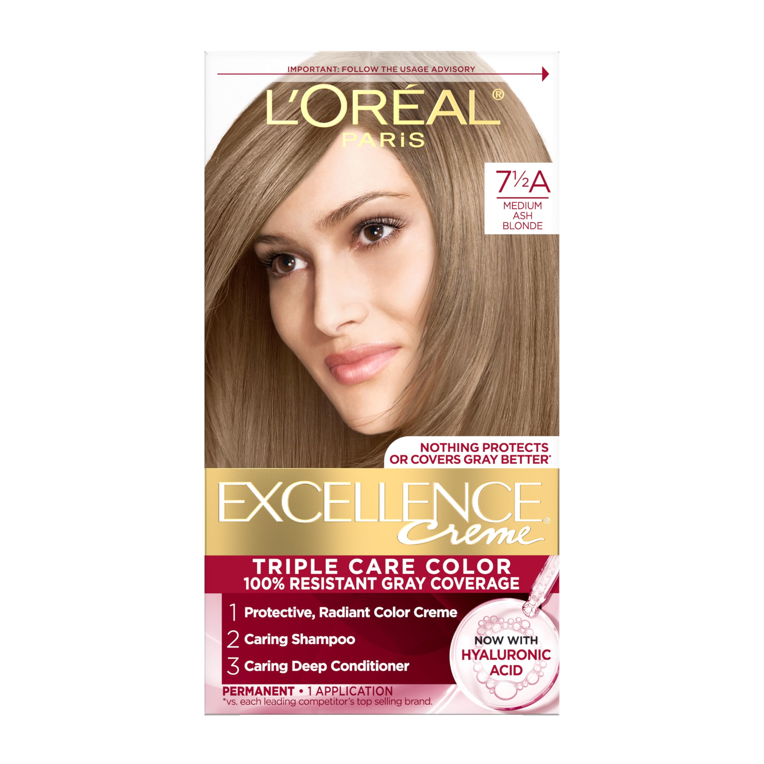 L’Oréal Paris Excellence Creme Permanent Triple Care Hair Color, 7.5A Medium Ash Blonde, Gray Coverage For Up to 8 Weeks, All Hair Types, Pack of 1