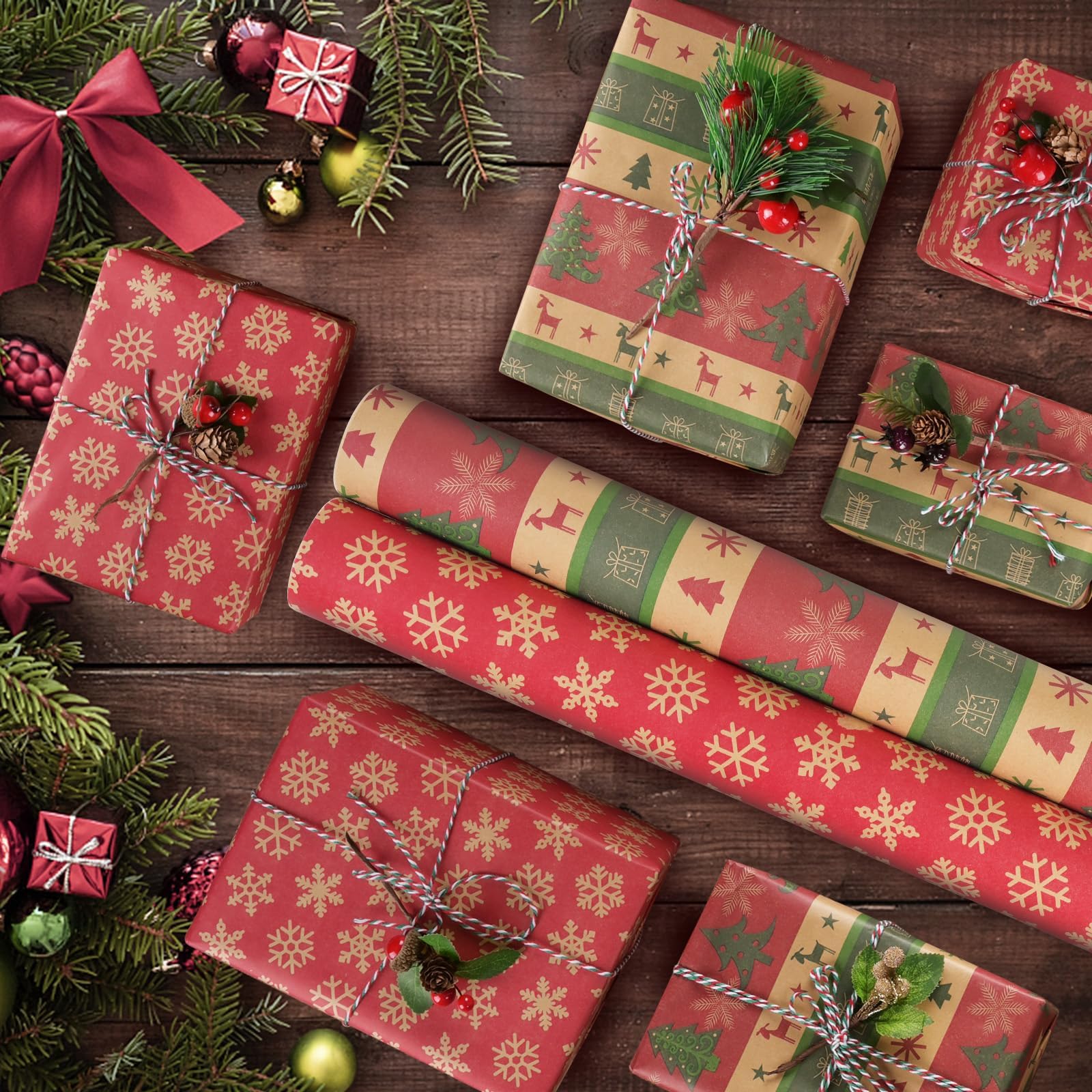 Rotolo di carta da regalo per Natale: carta da regalo Kraft con motivo festivo rosso verde 43 cm x 15 m Carta natalizia per incartare i regali