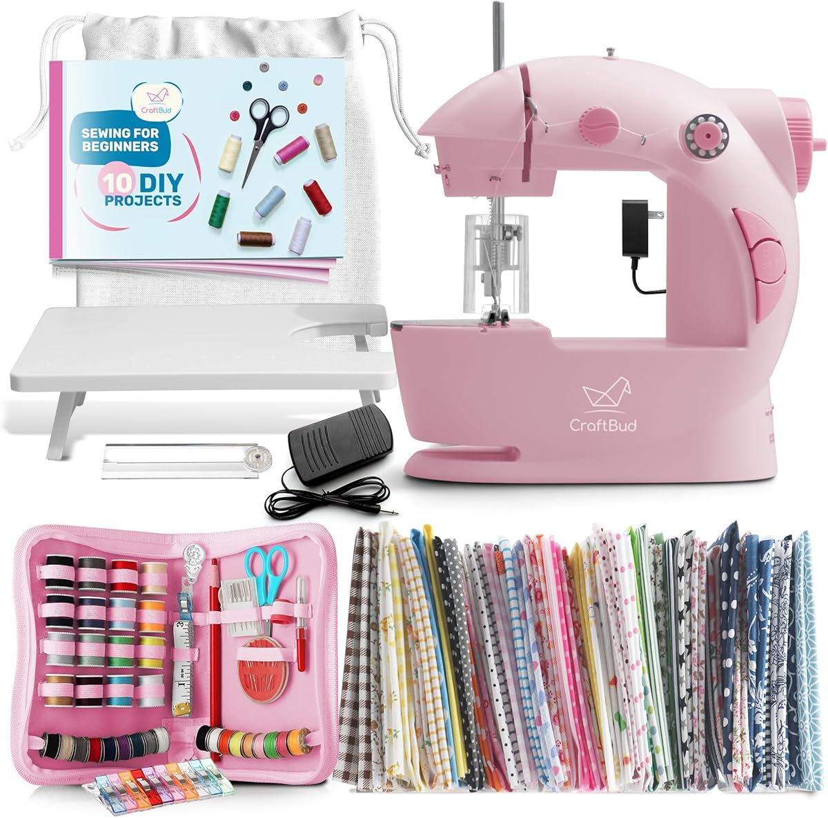 CraftBud Mini Sewing Machine for Beginners, Dual Speed Small Portable Sewing Machine for Kids and Adults with Extension Table, 122 Piece Gift Set Includes, Fabrics, Projects Book, Light and More, Pink