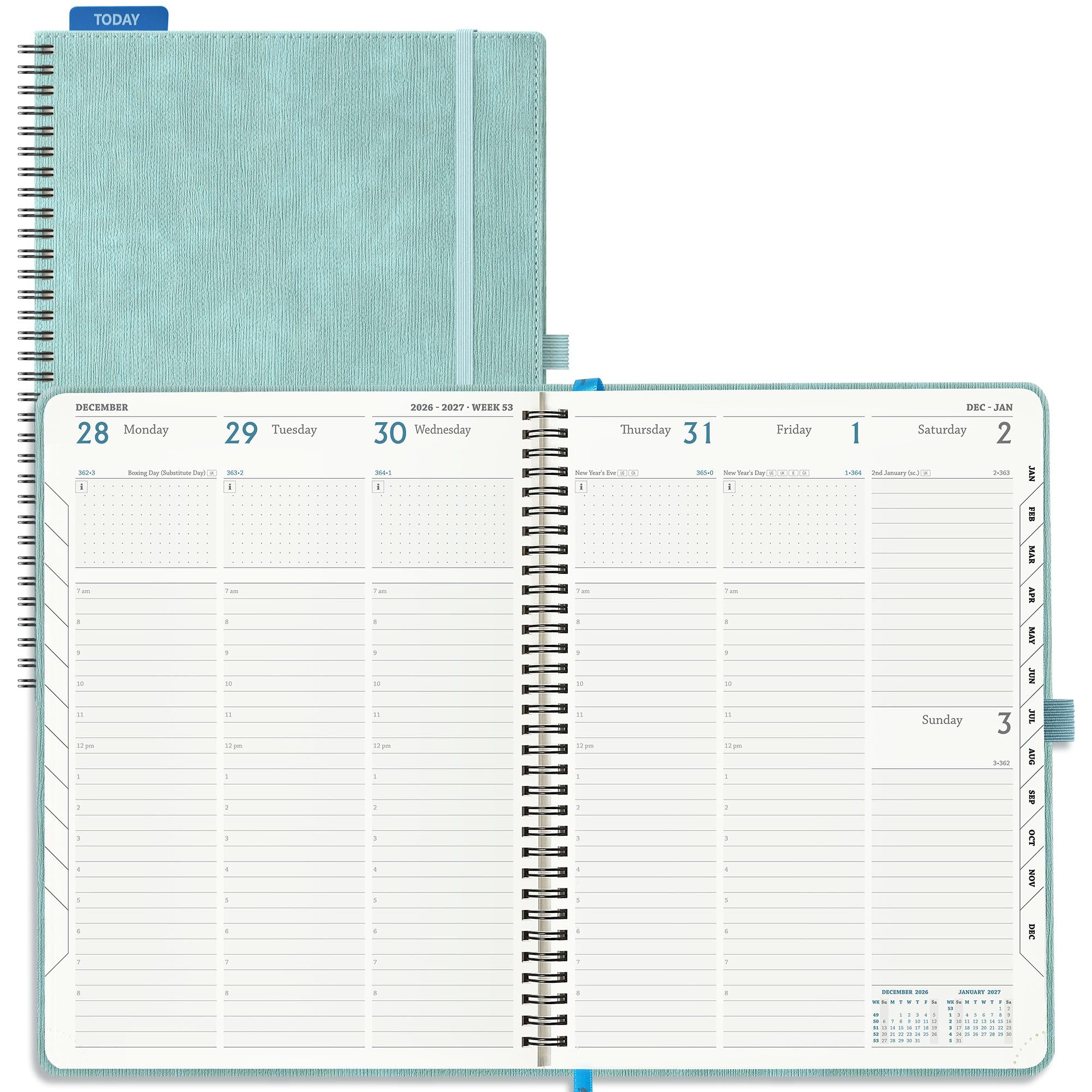 IN-LUXPRO Academic Diary 2026-2027 Week to View A4 Large(29x21.5 cm) Spiral 18 Months (Jul'26 - Dec'27) Mid Year Diary 26/27 Vertical Weekly Planner with Timeslots& Month Tabs, PU Leather Sky Blue
