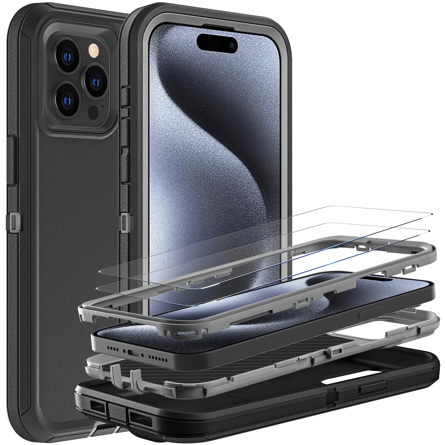 YKHJKLEC for iPhone 15 Pro Case, Military Grade 3 in 1 Heavy Duty Shockproof/Drop Proof/Dust Proof Case with 2Pcs Tempered Glass Screen Protector (