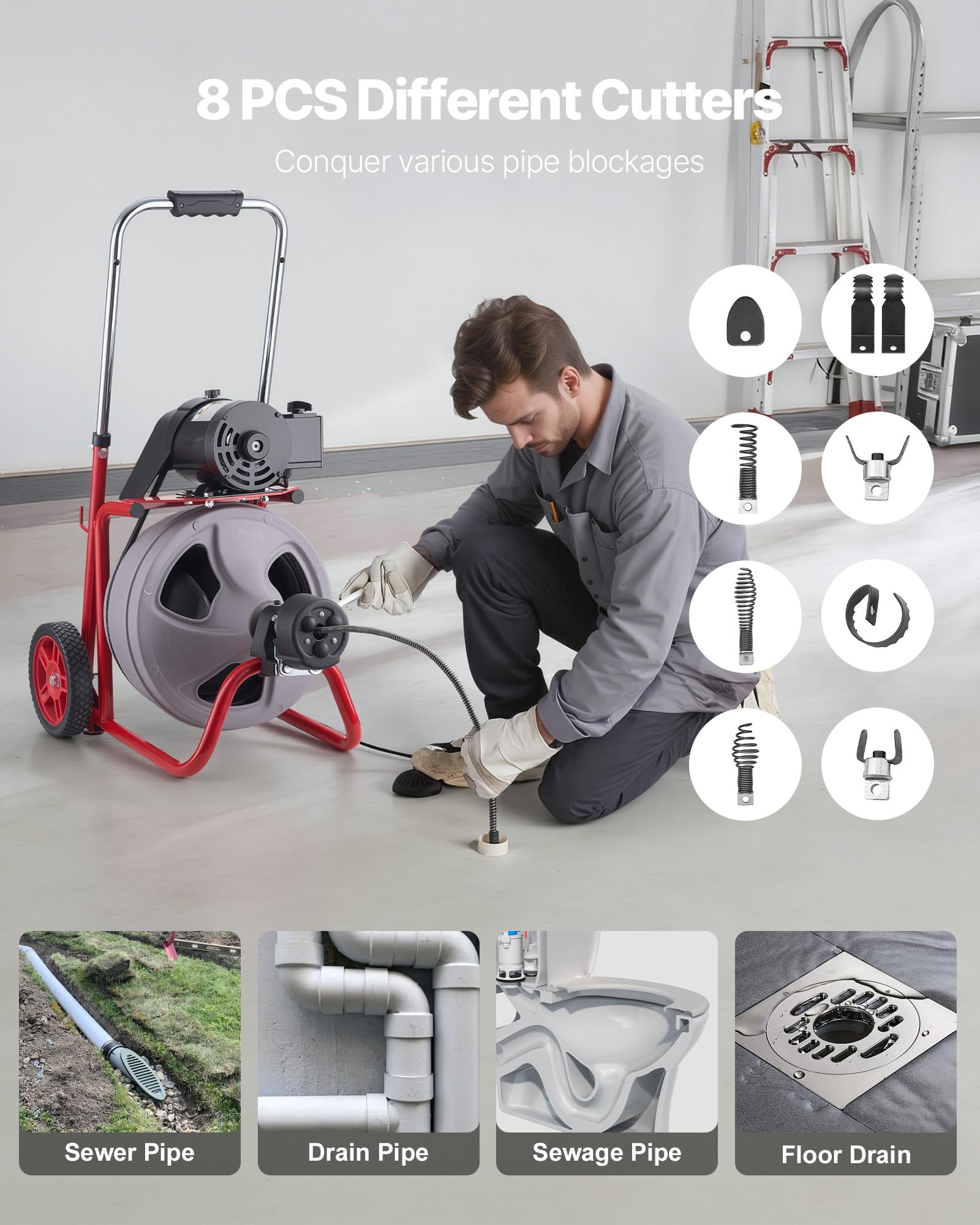 VEVOR Desatascador de Desagües Eléctrico 30 m x 9,5 mm, Máquina de Limpieza de Tuberías con Alimentación Automática, Tambor de Plástico, Limpiador de Tubos de Drenaje para Tuberías de 5-10 cm
