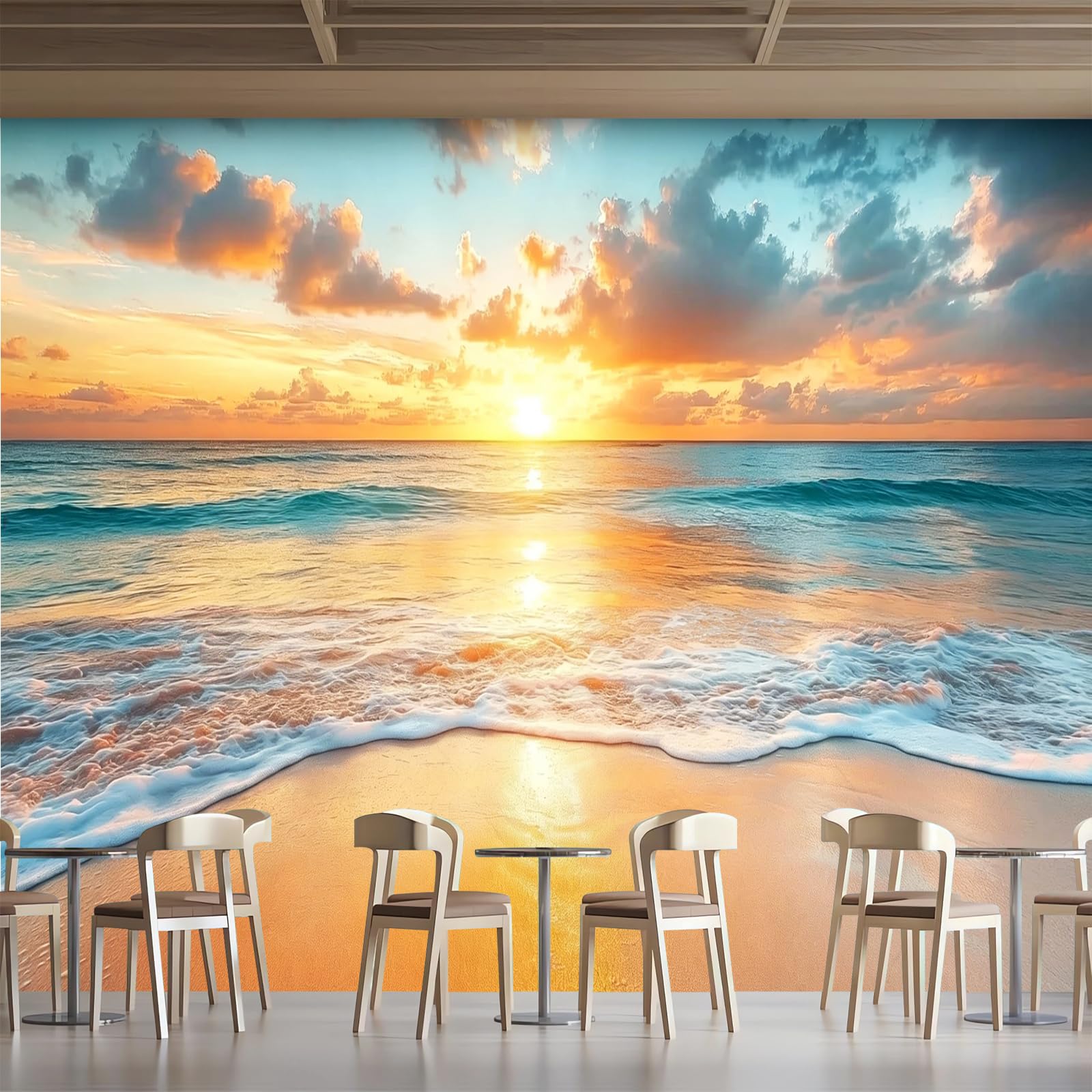 Papier Peint Panoramique 3D 400x280 cm Plage Non-tissé Murale Maison Décoration Intérieure Océan Vue Sur Le Coucher De Soleil pour Chambre Salon Mur TV Artistique Poster Décoration Murale 1M2669