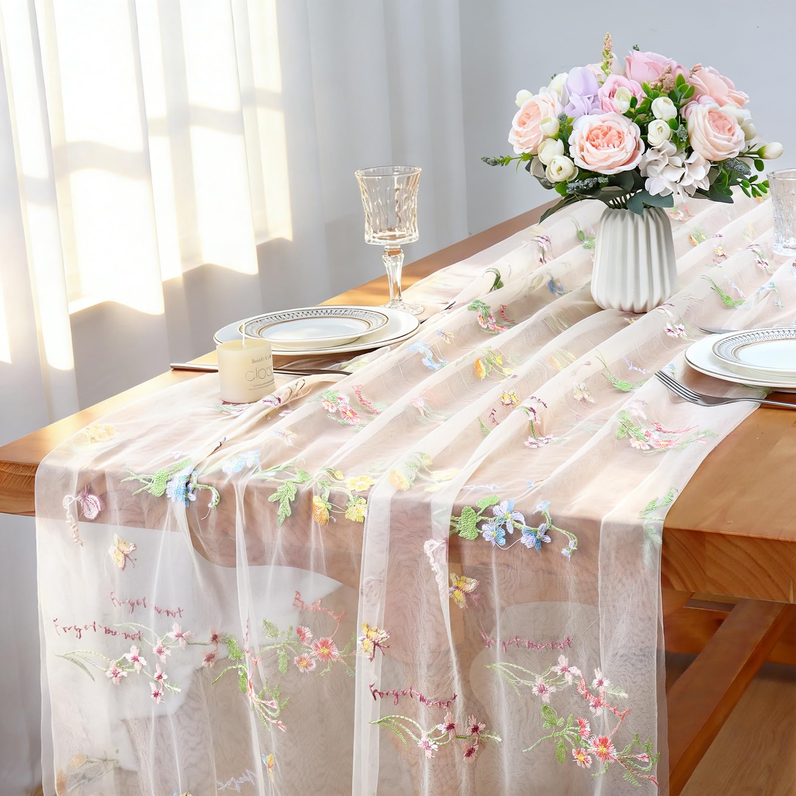 LOMOHOO Table Runner White 71x305cm Wedding Table Decoration with Embroidery and Tulle, Cheesecloth Table Runners Lace Tablecloth Sheer Embroidery Gauze for Bridal Shower Birthday Party Dining Table