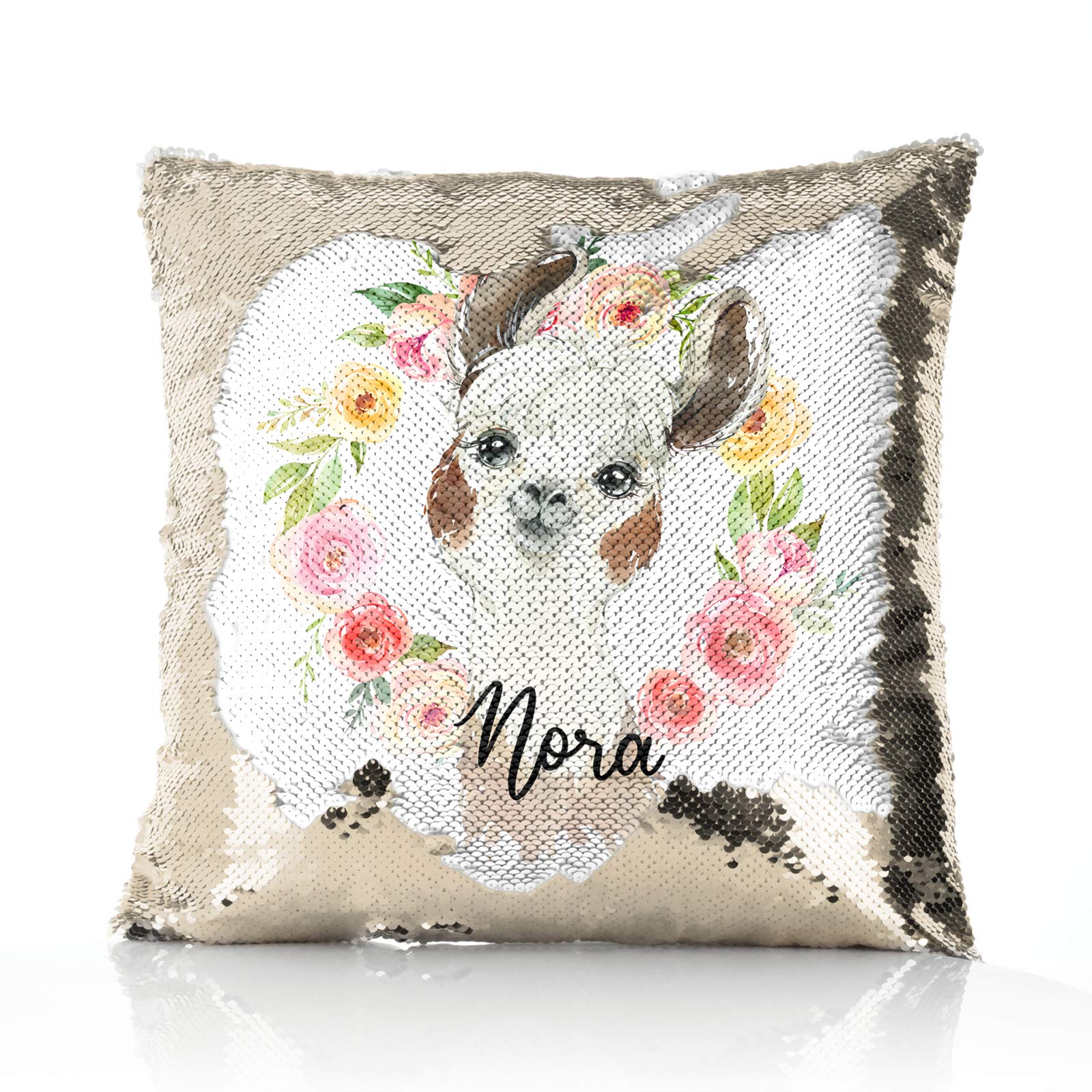 Hairyworm Personalised Cushion, Champagne, Silver, Blue, Red or Gold Squin Flip Square Cushion Customised with Initial/Name/Text, Alpaca Flowers Design, Square Pillow