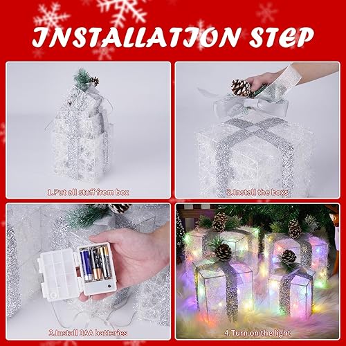 Miniatura 4 de Cajas de regalo iluminadas de Navidad, juego de 4 cajas de regalo con luces preiluminadas, juego de cajas de regalo iluminadas que funcionan con