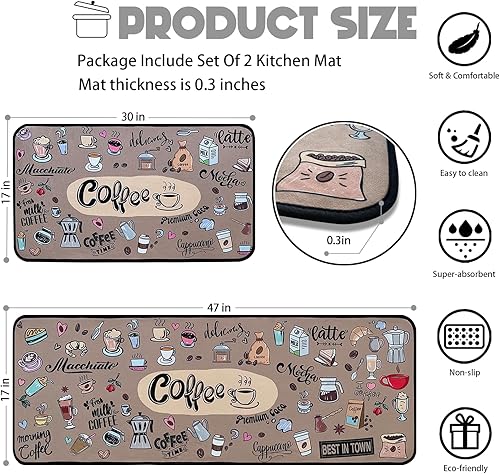 Miniatura 3 de Alfombras de cocina de café, antideslizantes, lavables, de microfibra, para suelo de cocina, juego de 2 piezas, 17 x 47 pulgadas + 17 x 30 pulgadas