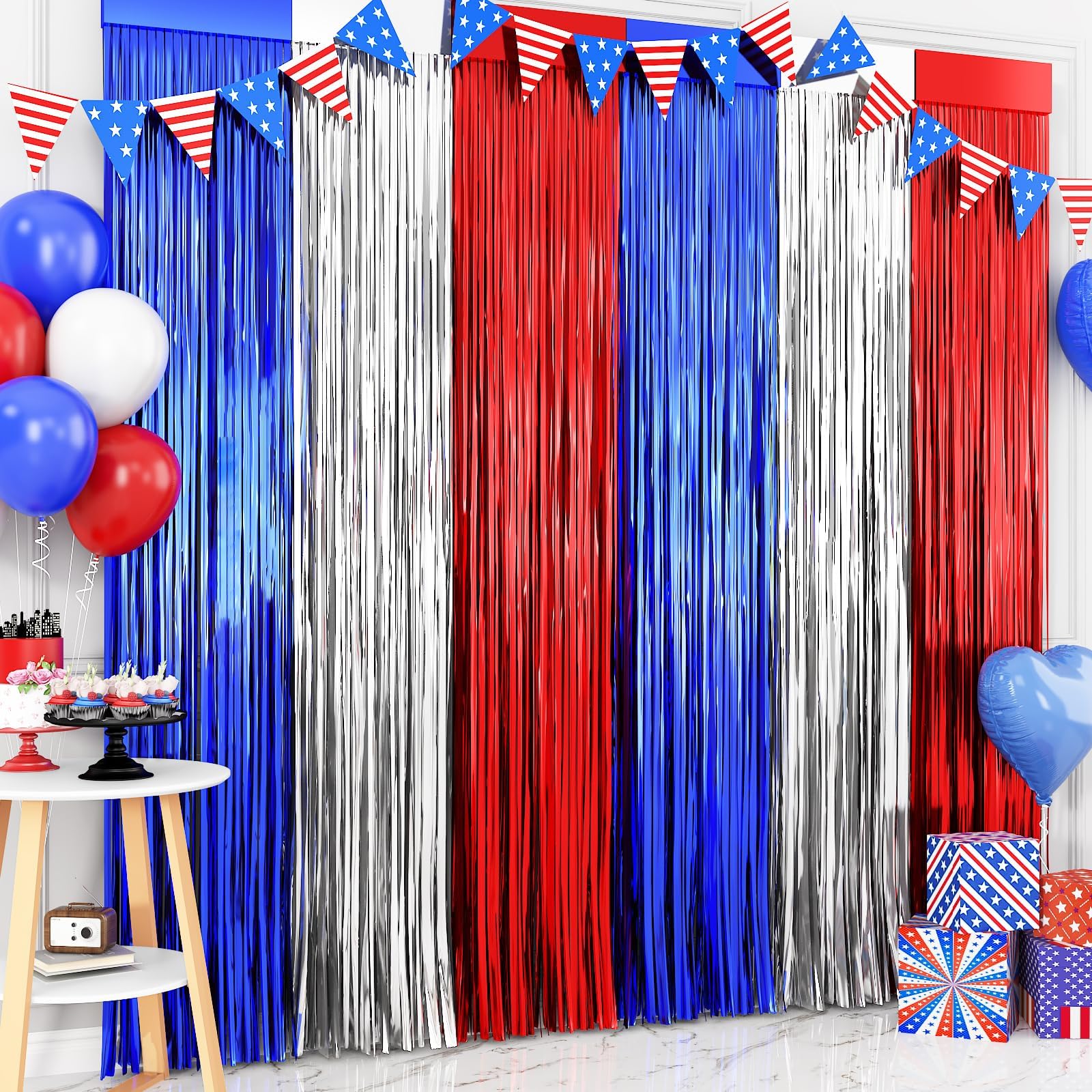 Adorely 4th of July & Veterans Day Decorations, 2 Packs 3.3 x 6.6 ft Red White and Blue Foil Fringe Curtains, Tinsel Streamers for Patriotic Parties