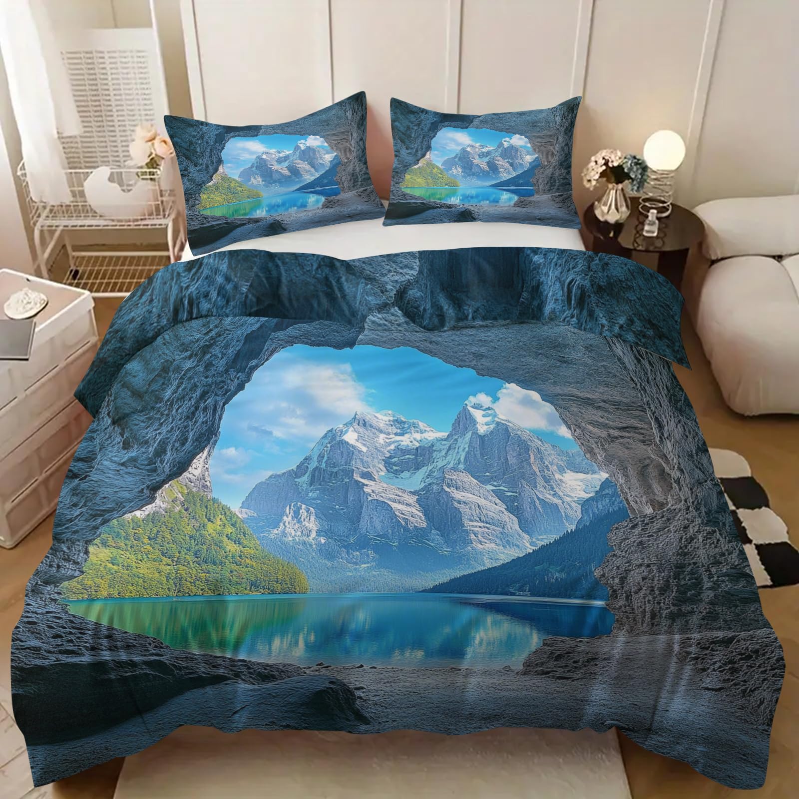 Parure de lit 240x220cm douceur microfibre haut de gamme housse couette 3D paysage rocheux troglodyte