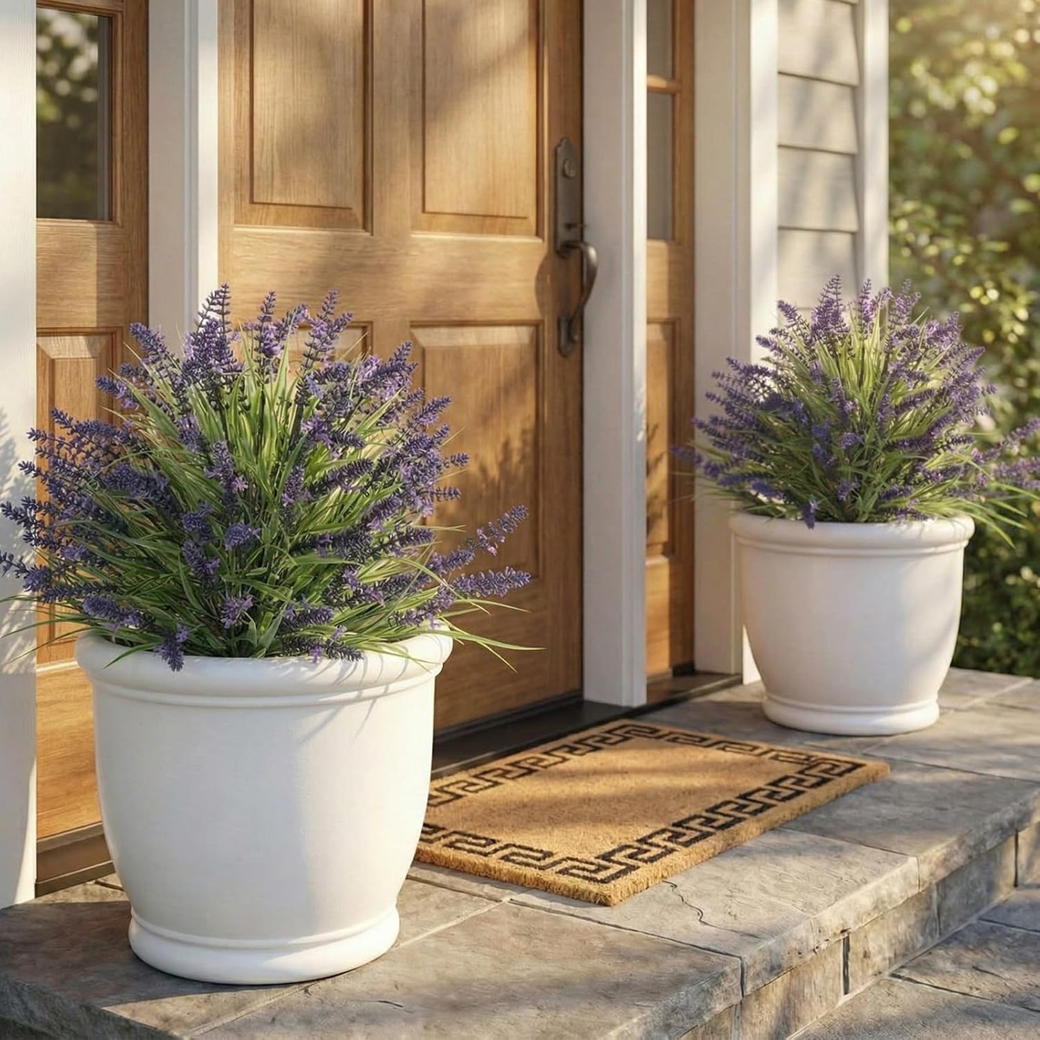 2 Pack Artificial Lavender Topiary Ball Trees with Four Prong Ground Spike, 23" Faux Lavender Plants UV Resistant Shrubs Fake Brushes with Grass for Front Porch Garden Patio Decor