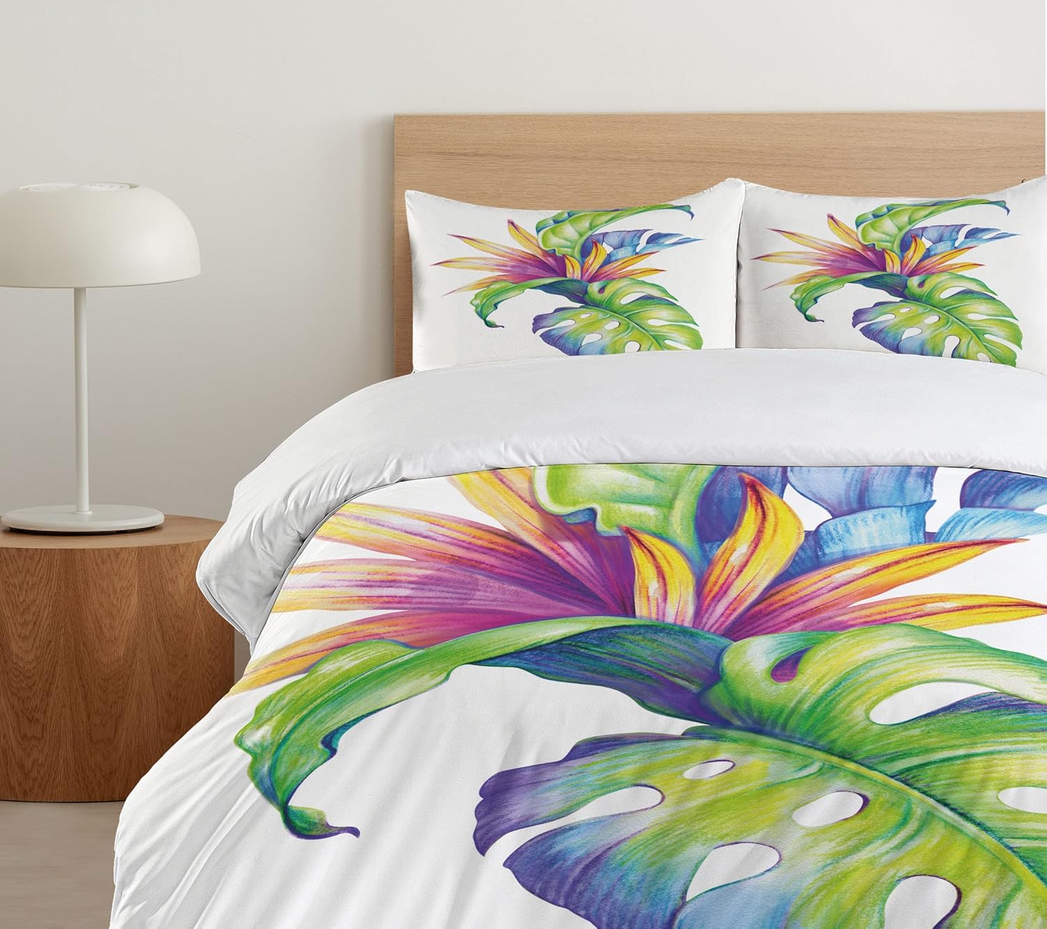 Ambesonne Plant Duvet Cover Set, Tropical Leaves and Monstera Abstract Color Scheme Hawaiian Floral Elements, Decorative 3 Piece Bedding Set with 2 Pillow Shams, Queen Size, White Green Queen White Green