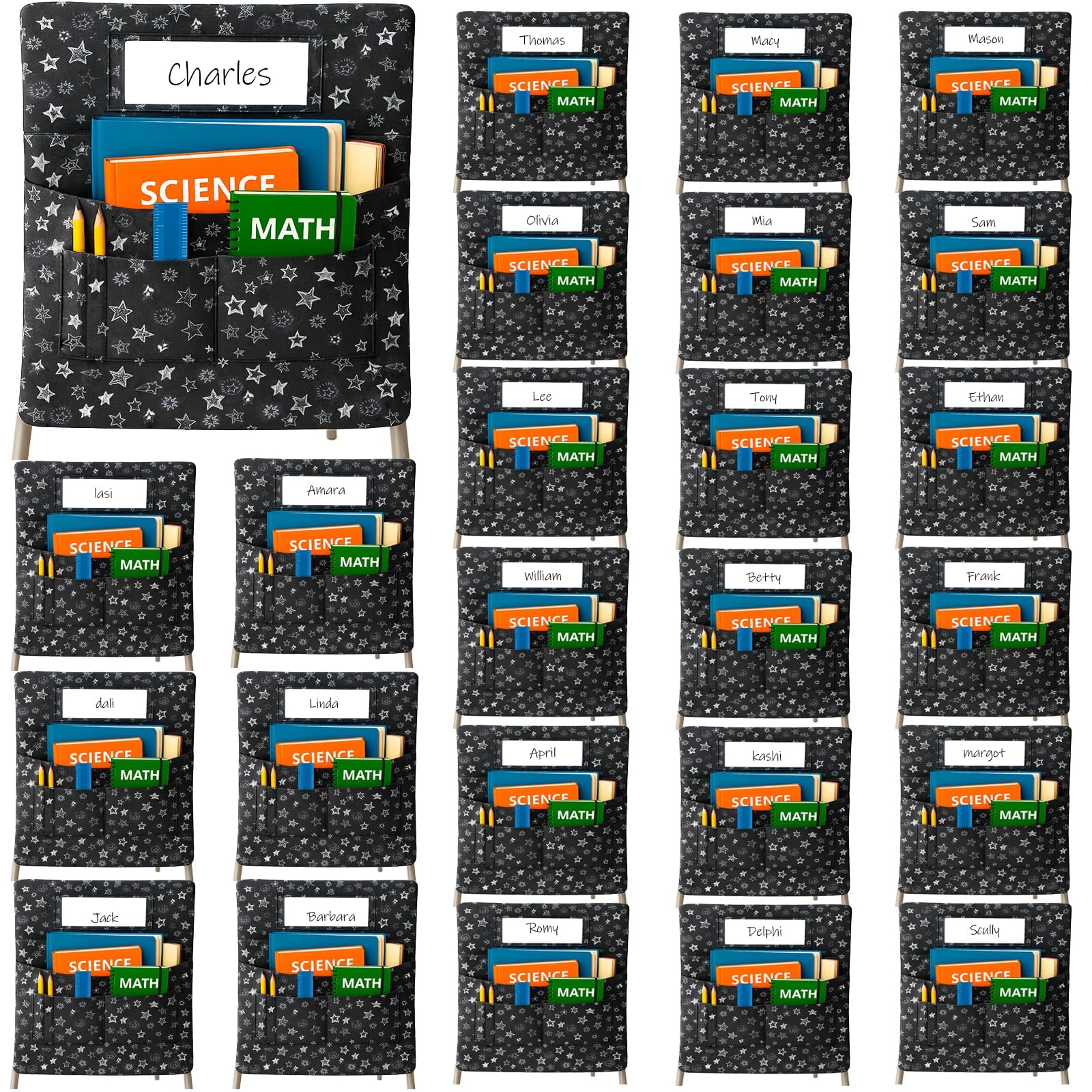 Succwoah 25 PCS Chair Pockets for Classroom Chairs, 15"W x 19"H Seat Sacks with 5 Pockets, Durable 600D Oxford Student Chair Bag Organizer with Name Tag Slot for K-5 Kindergarten School, Black