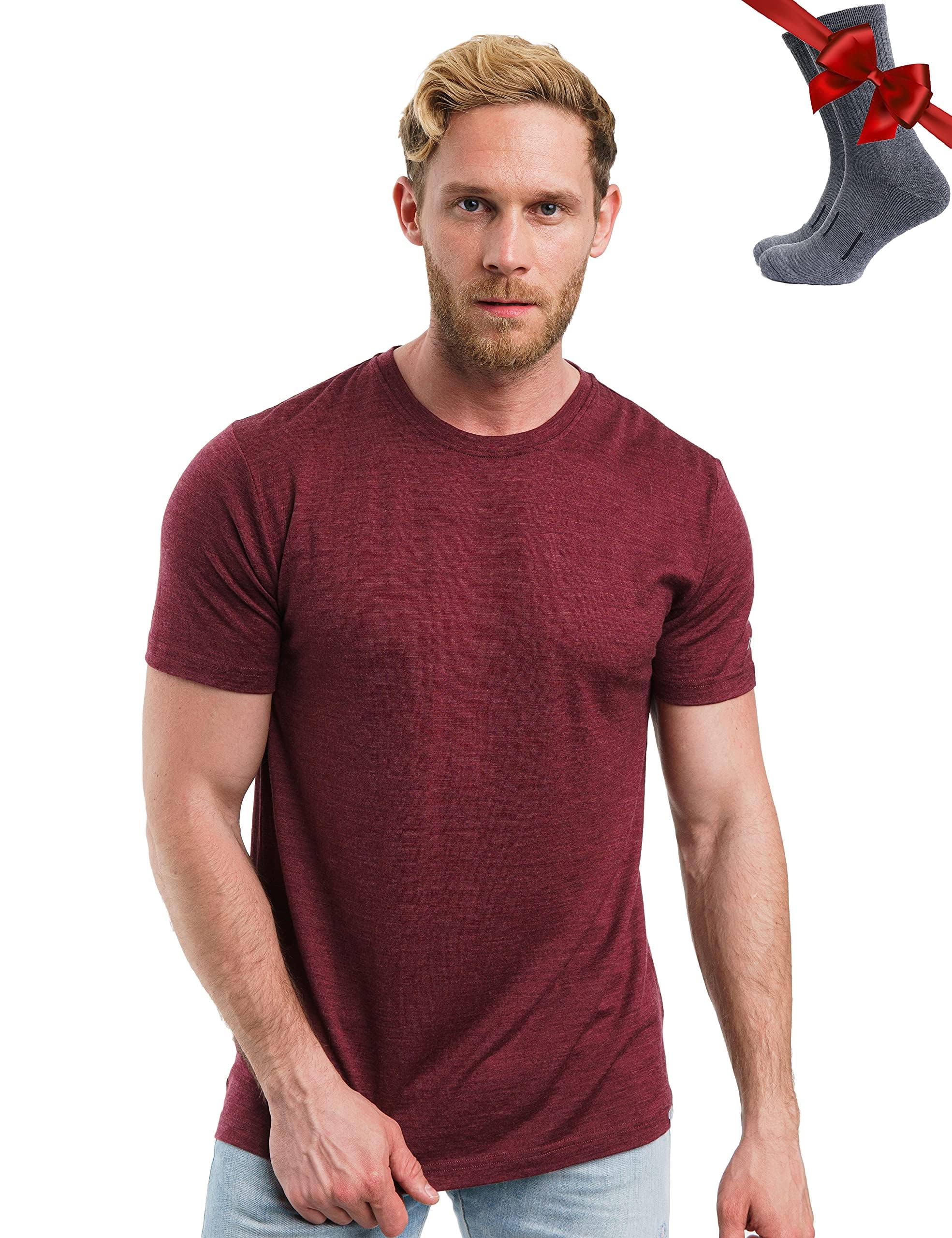 Merino.tech Men's Burgundy Wine Merino Wool T Shirt - Merino Wool Base Layer Undershirt Lightweight + Hiking Socks (, Large)