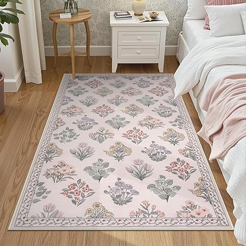 Miniatura 39 de Wonnitar Alfombras rosas para dormitorio, niñas, guardería, alfombra lavable con estampado floral de 5 x 7 pies, bohemio, ultrafina, antideslizante,
