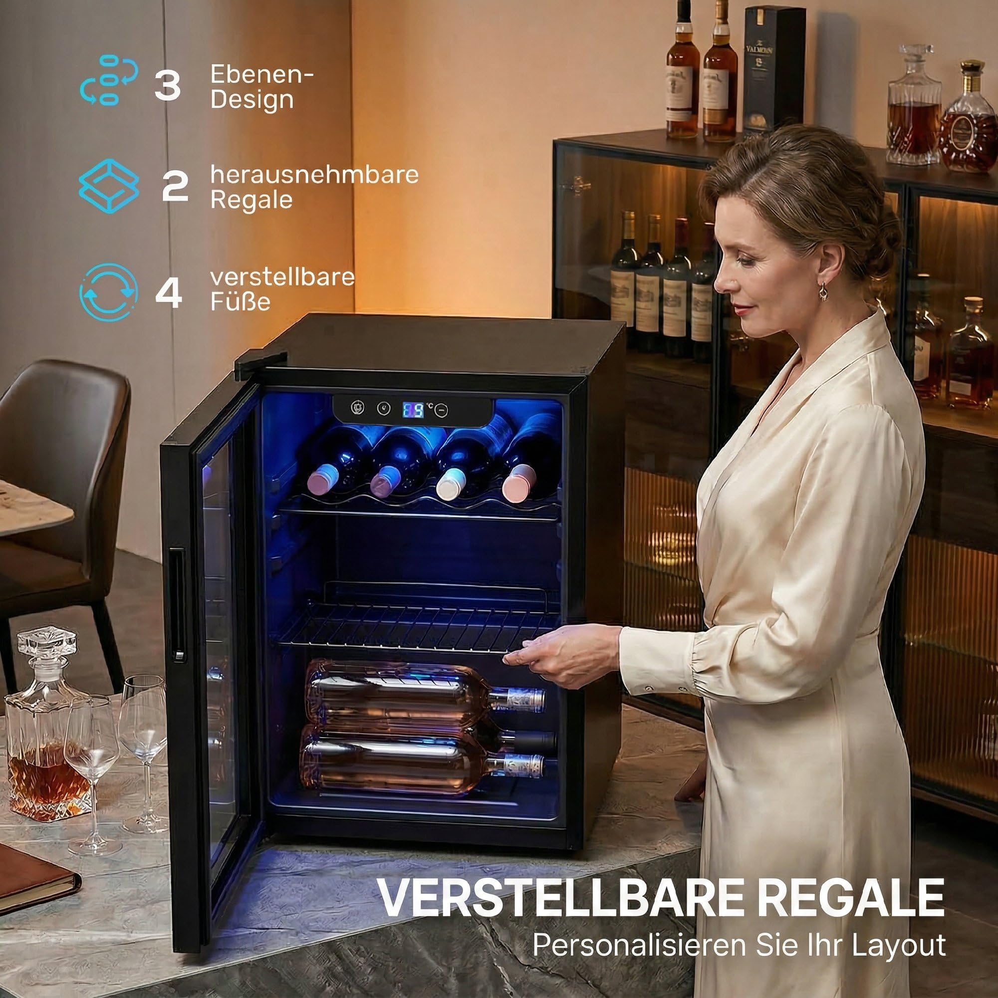 HOMCOM Nevera para vino (16 botellas, 48 L), color negro | Frigorífico para bebidas, 4-16 °C, puerta de doble cristal, iluminación LED, pantalla LED, Wine Fridge