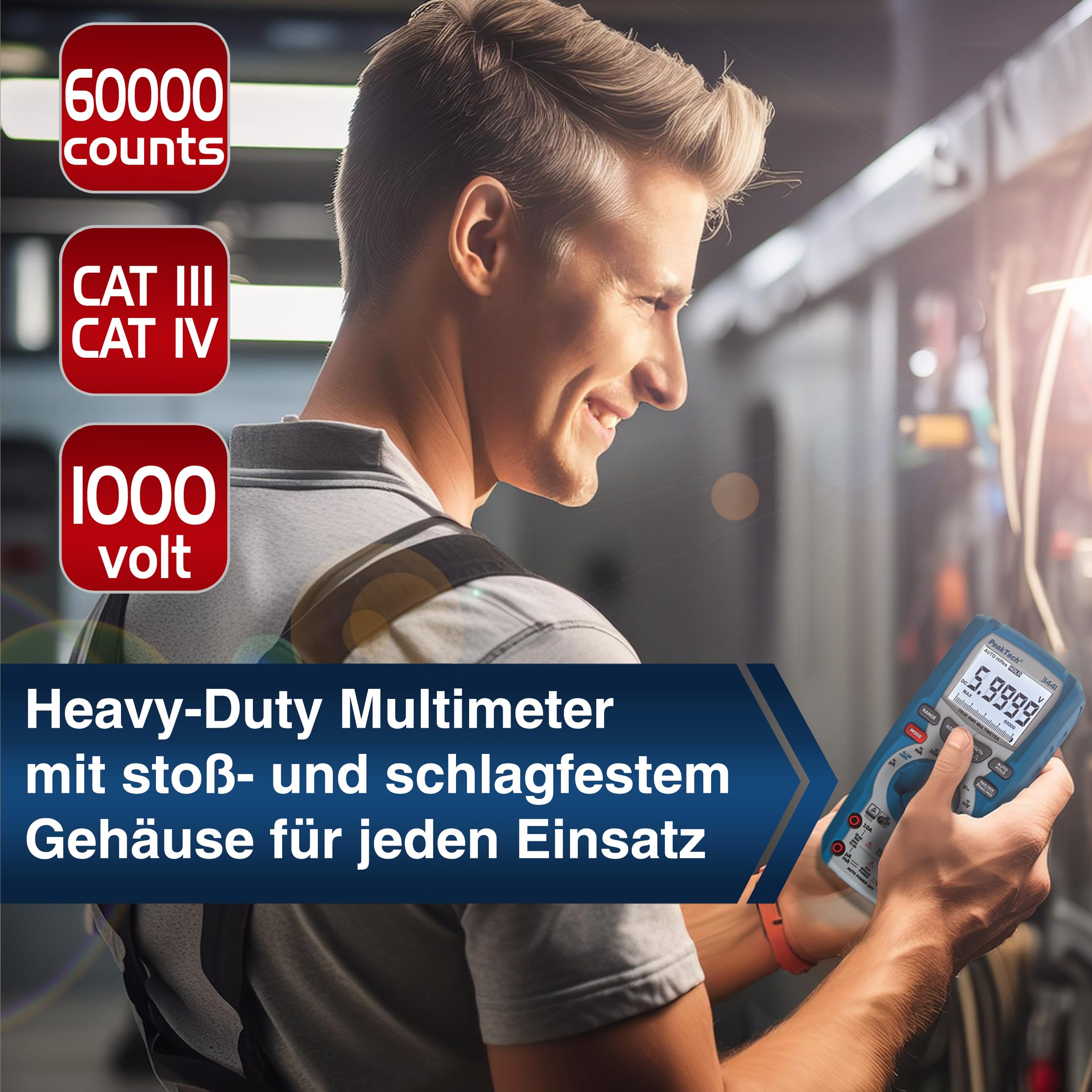 PeakTech P 3441 – True RMS Multimeter Digital für Elektriker mit 60000 Counts, Profi-Handmultimeter für elektrische Leitungen,TÜV/GS,Durchgangsprüfer,Voltmeter,Strommessgerät - CAT III 1000 V,Blau