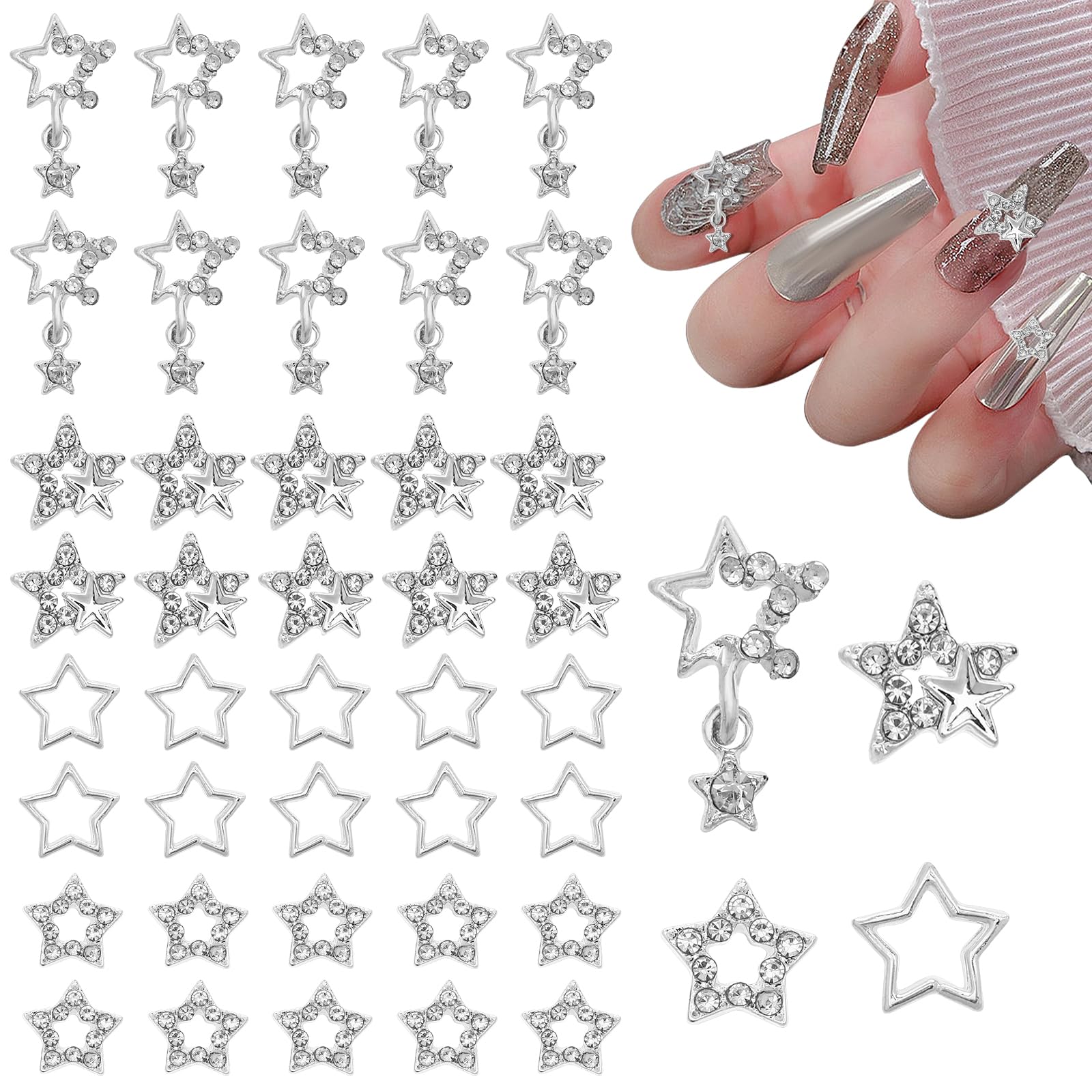 40 Pcs Star Nail Charms Silver Star Charms Y2k Nail Charms 3D Star Gems for Nails DIY Crafts Jewelry Decoration Nail Supplies (4 Styles)